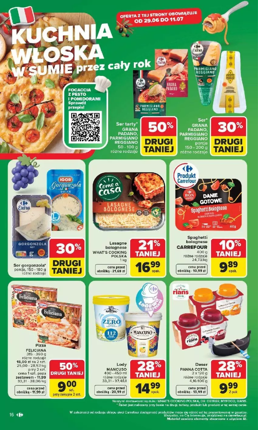 Gazetka promocyjna Carrefour - Gazetka Carrefour, Market z SUMIE najlepszy, od poniedziałku - ważna 29.06 do 04.07.2026 - strona 18 - produkty: Deser, Dr. Oetker, Fa, Feliciana, Gra, Lasagne, Lasagne bolognese, Panna cotta, Pesto, Pizza, Por, Ser, Spaghetti