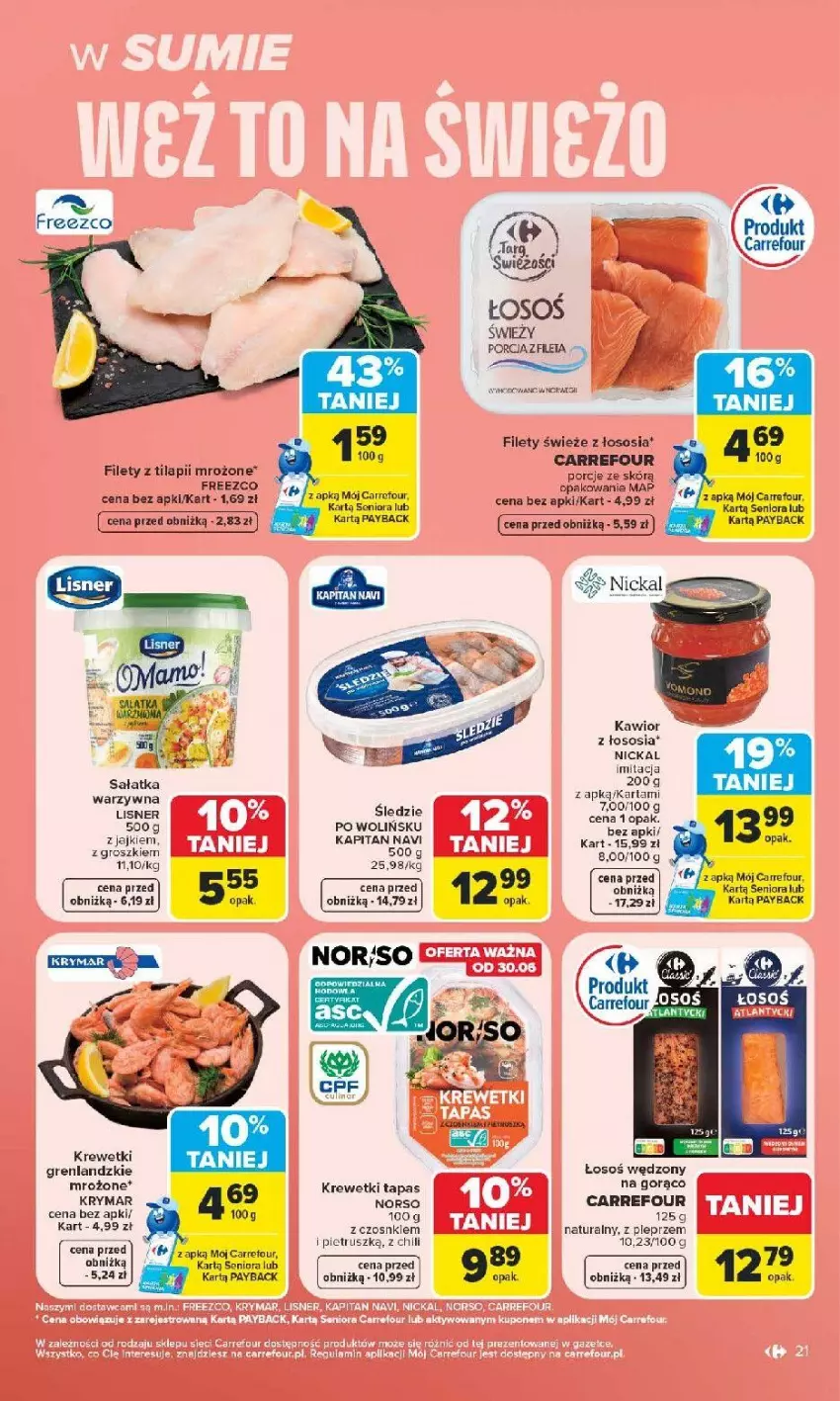 Gazetka promocyjna Carrefour - Gazetka Carrefour, Market z SUMIE najlepszy, od poniedziałku - ważna 29.06 do 04.07.2026 - strona 23 - produkty: Kawior, Krewetki, Lisner, Por, Sałat, Sałatka, Sałatka warzywna, Sos