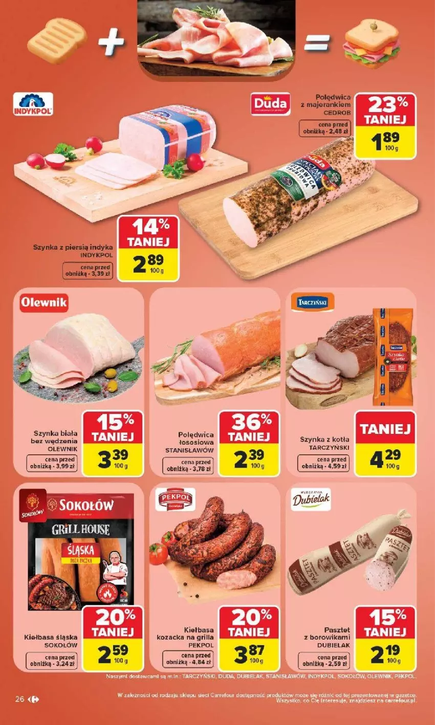 Gazetka promocyjna Carrefour - Gazetka Carrefour, Market z SUMIE najlepszy, od poniedziałku - ważna 29.06 do 04.07.2026 - strona 28 - produkty: Fa, Grill, Kiełbasa, Kiełbasa śląska, Olewnik, Pekpol, Polędwica, Sok, Sokołów, Sos, Szynka, Szynka biała
