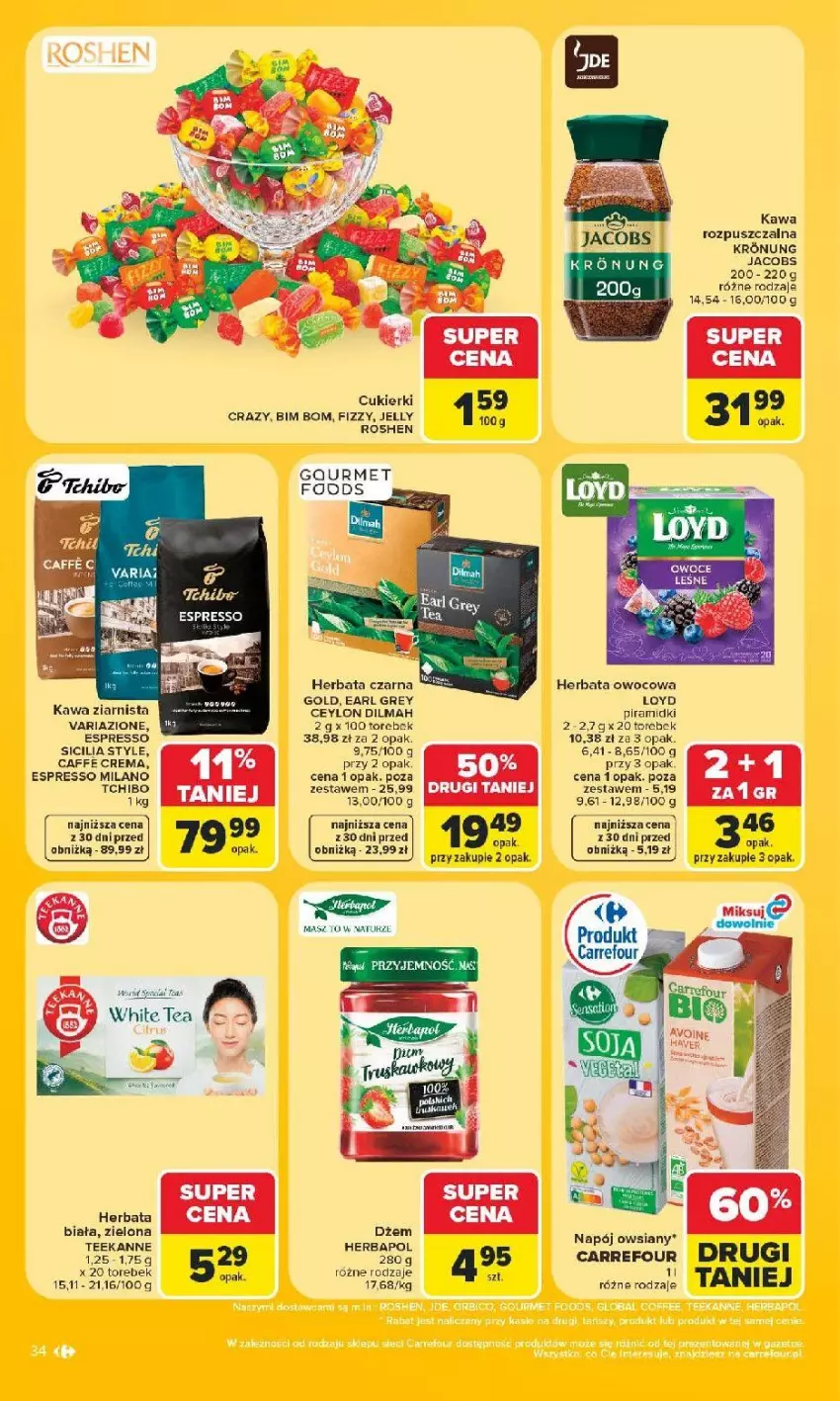 Gazetka promocyjna Carrefour - Gazetka Carrefour, Market z SUMIE najlepszy, od poniedziałku - ważna 29.06 do 04.07.2026 - strona 36 - produkty: Cukier, Cukierki, Dilmah, Dżem, Earl Grey, Herbapol, Herbata, Herbata czarna, Herbata owocowa, Jacobs, Kawa, Kawa rozpuszczalna, Kawa ziarnista, Loyd, Napój, Tchibo, Teekanne