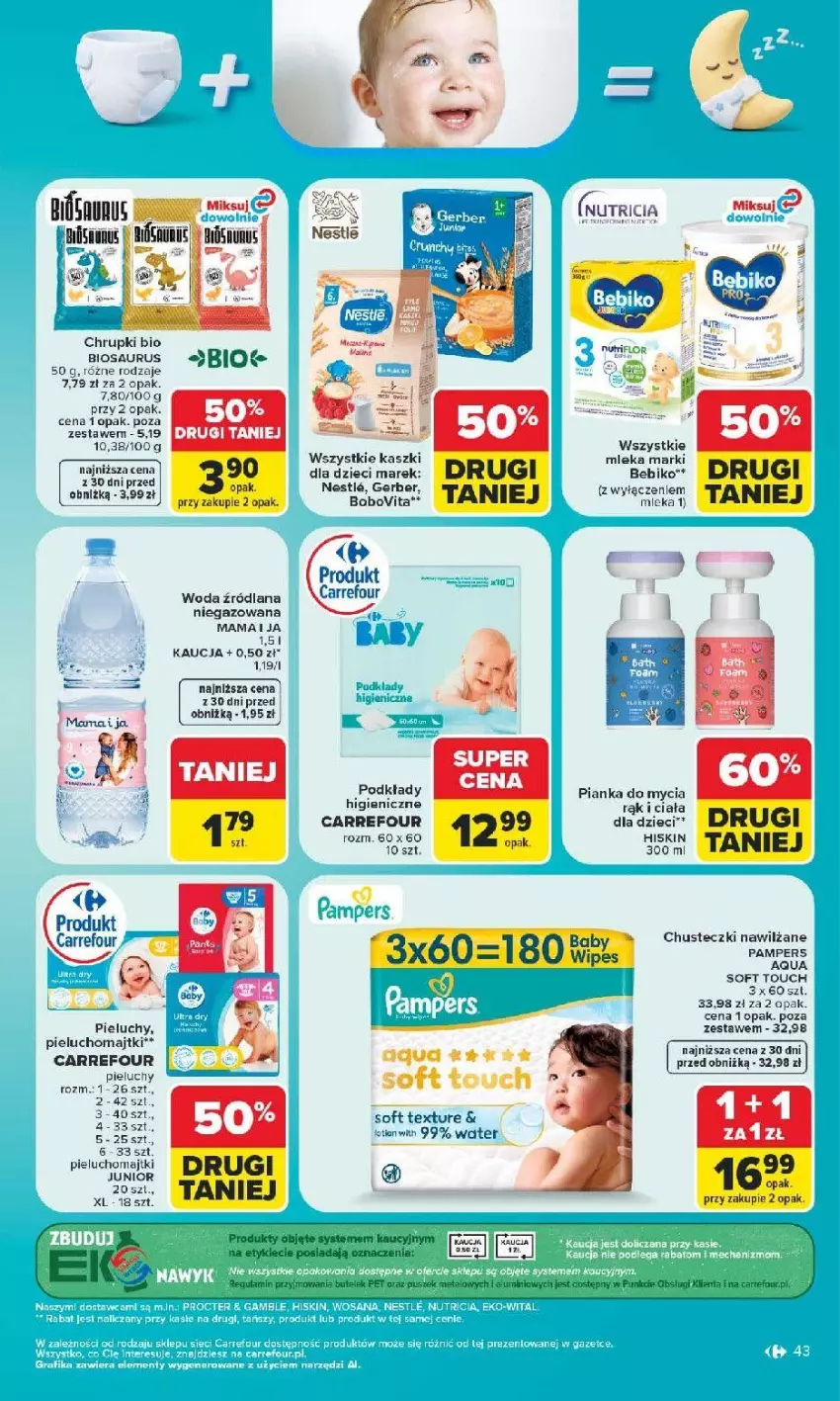Gazetka promocyjna Carrefour - Gazetka Carrefour, Market z SUMIE najlepszy, od poniedziałku - ważna 29.06 do 04.07.2026 - strona 45 - produkty: Bebiko, BoboVita, Chrupki, Chusteczki, Dzieci, Gerber, LANA, Majtki, Pampers, Pieluchomajtki, Pieluchy, Podkład, Woda