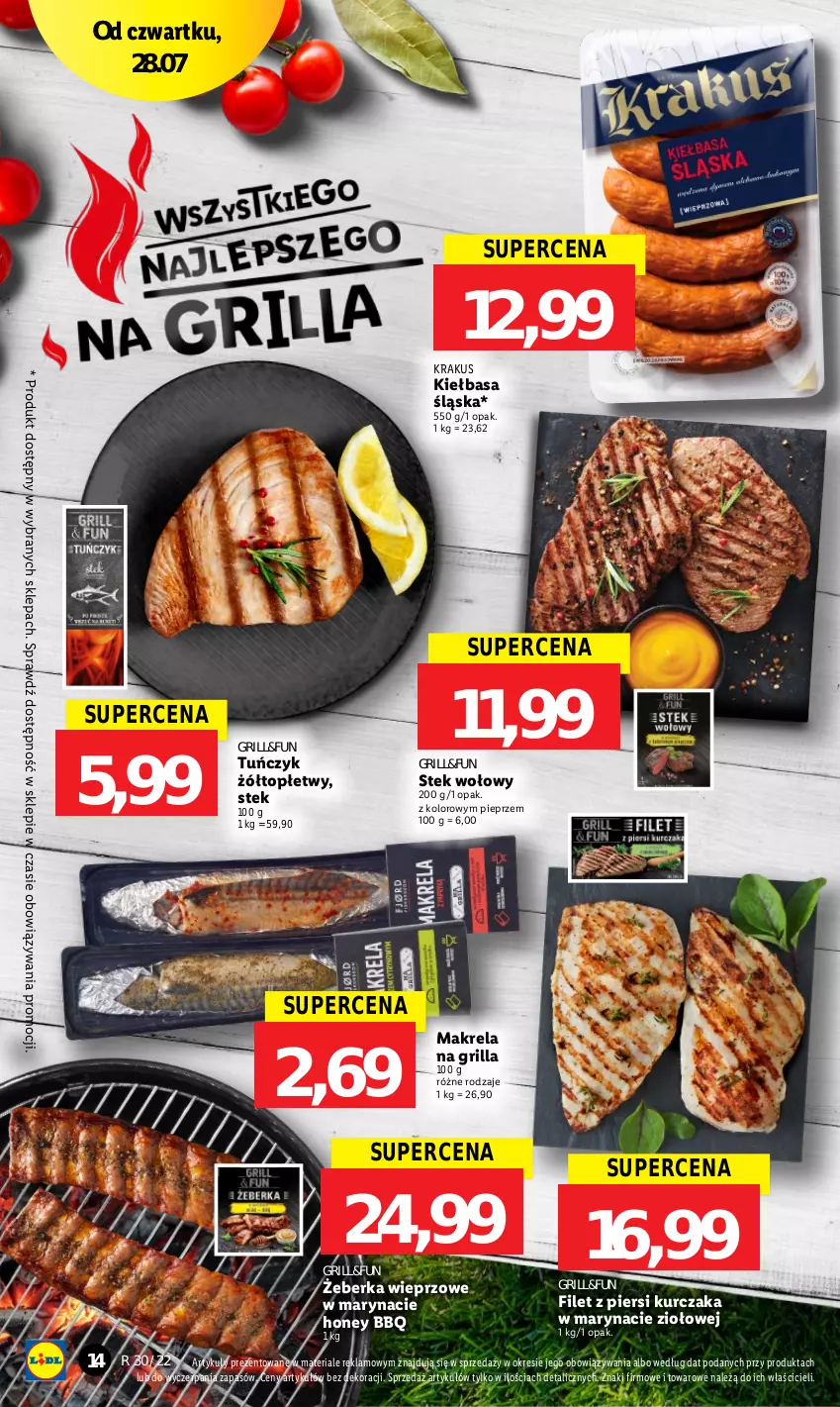 Gazetka promocyjna Lidl - GAZETKA - ważna 28.07 do 30.07.2022 - strona 14 - produkty: Filet z piersi kurczaka, Grill, Kiełbasa, Kiełbasa śląska, Krakus, Kurczak, Pieprz, Stek, Stek wołowy, Top, Tuńczyk