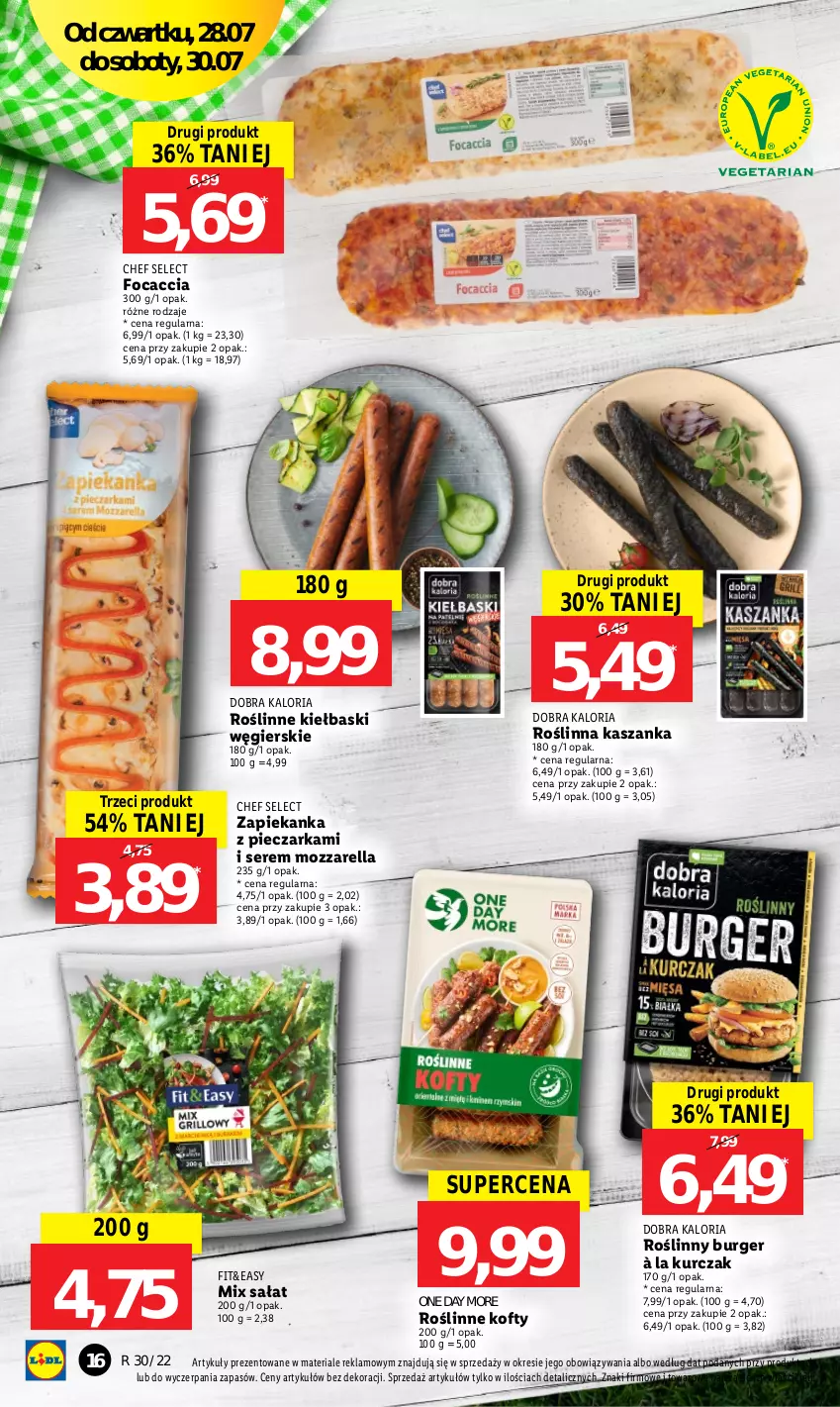 Gazetka promocyjna Lidl - GAZETKA - ważna 28.07 do 30.07.2022 - strona 16 - produkty: Burger, Focaccia, Kasza, Kaszanka, Kurczak, Mozzarella, Piec, Pieczarka, Roślinne kiełbaski, Roślinny burger, Sałat, Ser, Zapiekanka