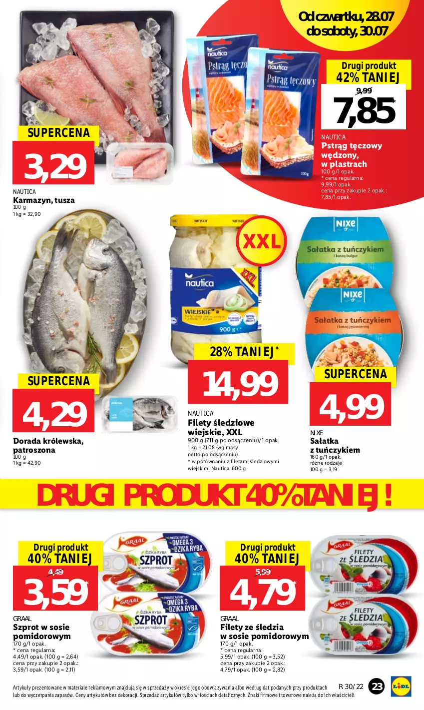 Gazetka promocyjna Lidl - GAZETKA - ważna 28.07 do 30.07.2022 - strona 23 - produkty: Gra, Graal, Por, Pstrąg, Pstrąg tęczowy, Sałat, Sałatka, Sos, Szprot, Szprot w sosie, Tuńczyk, Tusz