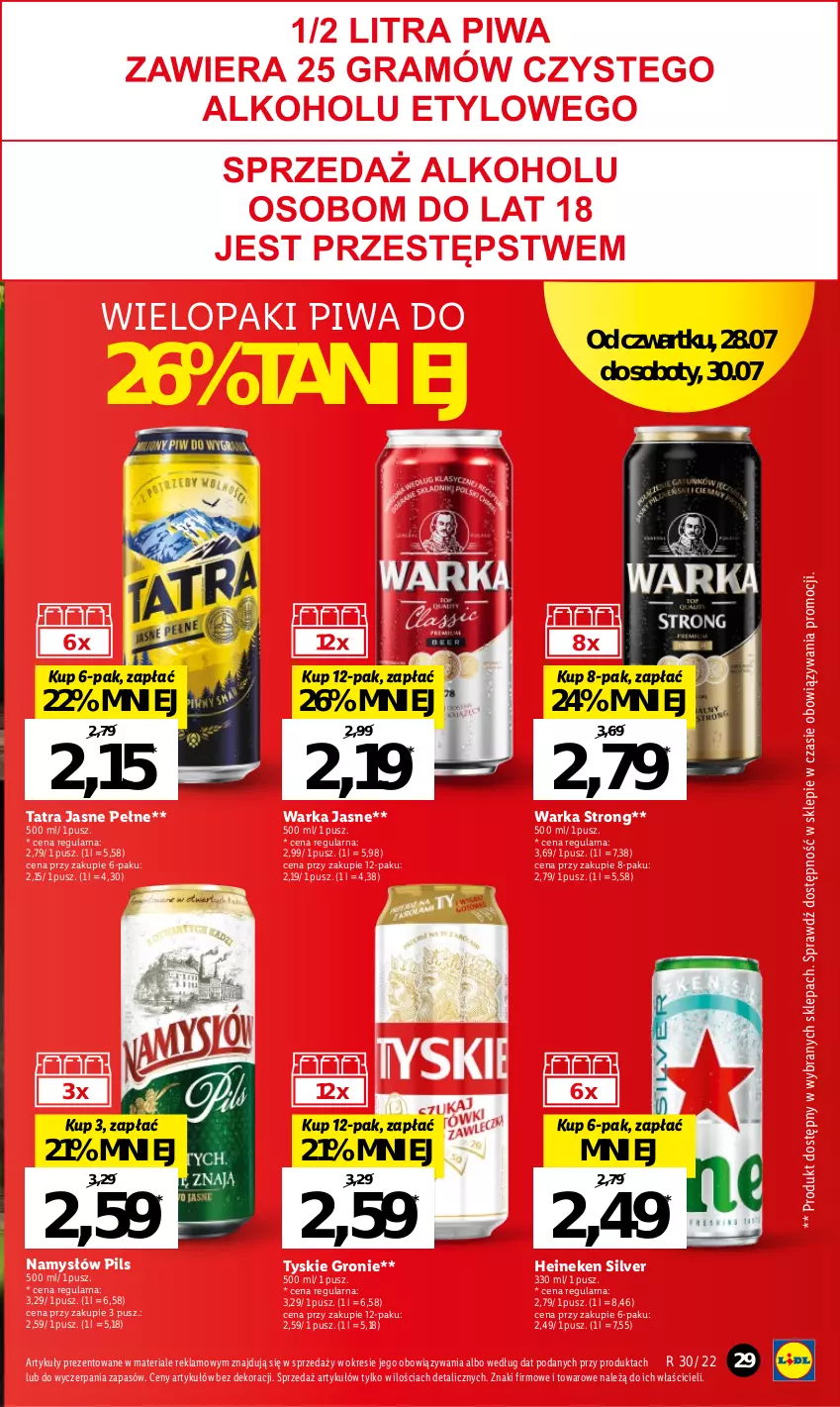 Gazetka promocyjna Lidl - GAZETKA - ważna 28.07 do 30.07.2022 - strona 29 - produkty: Heineken, Namysłów, Piwa, Tatra, Tyskie, Warka