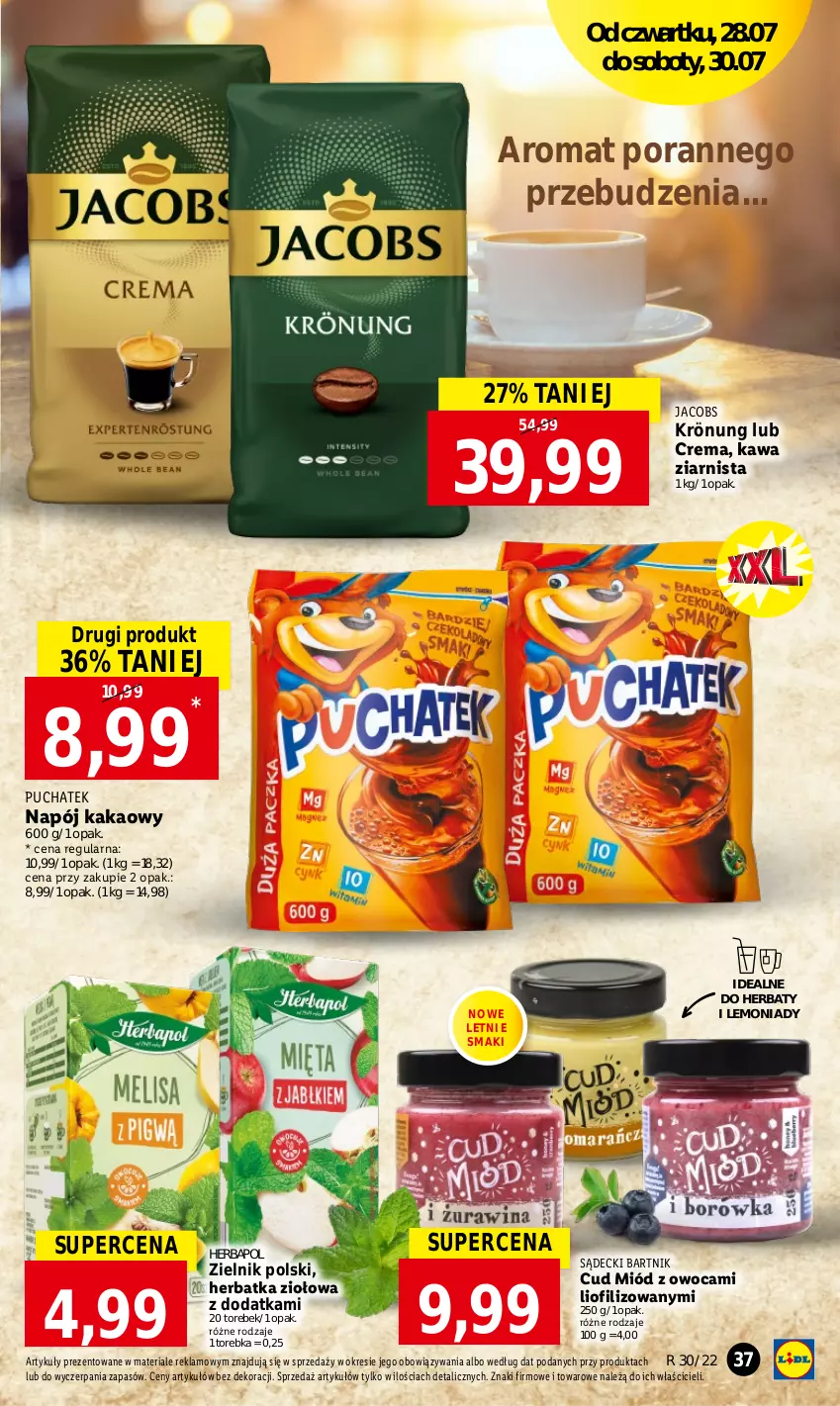 Gazetka promocyjna Lidl - GAZETKA - ważna 28.07 do 30.07.2022 - strona 37 - produkty: Herbapol, Jacobs, Jacobs Krönung, Kakao, Kawa, Kawa ziarnista, Miód, Napój, Por, Torebka