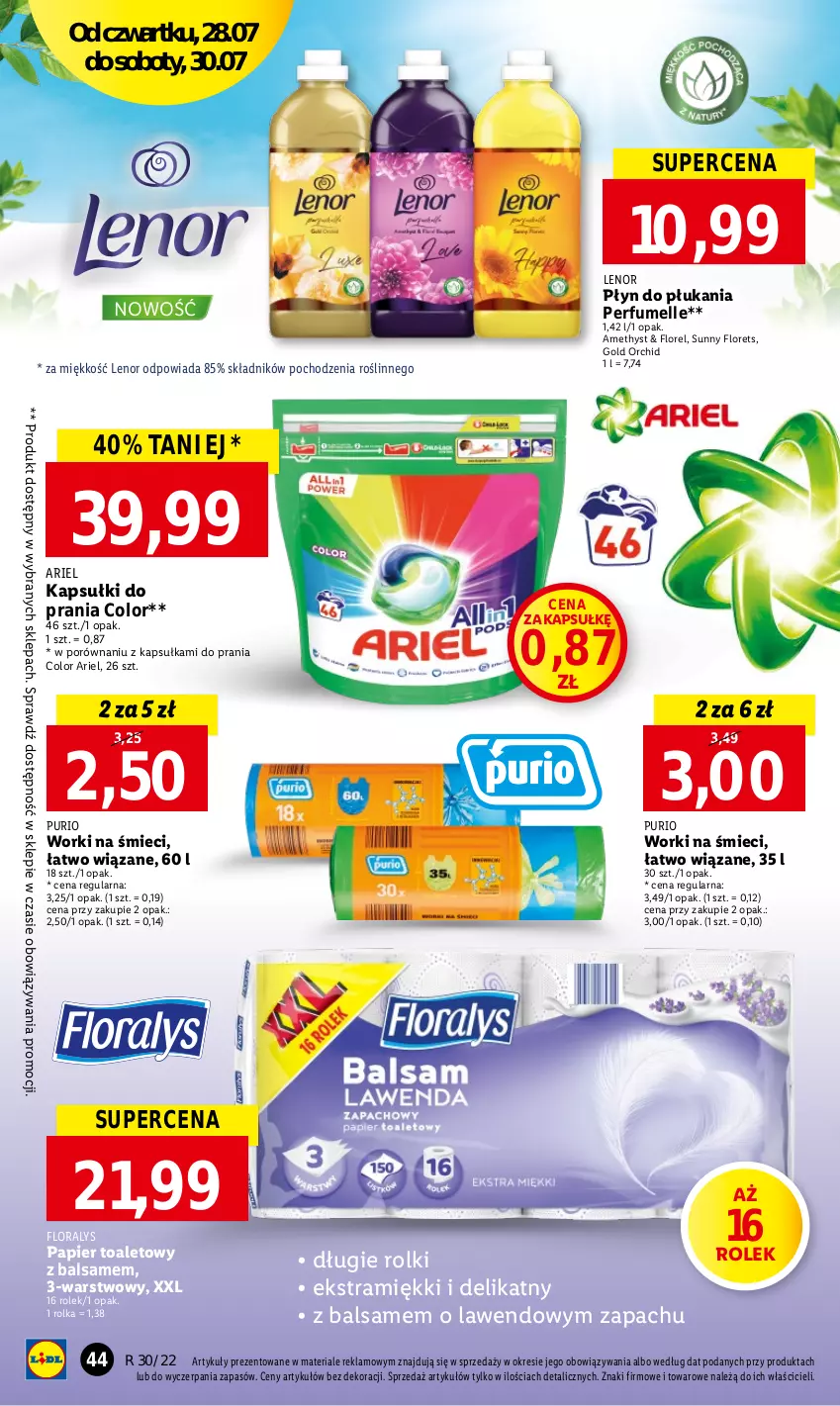 Gazetka promocyjna Lidl - GAZETKA - ważna 28.07 do 30.07.2022 - strona 44 - produkty: Ariel, Flora, Kapsułki do prania, Lenor, Papier, Papier toaletowy, Perfum, Płyn do płukania, Por, Pur, Rolki, Worki na śmiec, Worki na śmieci