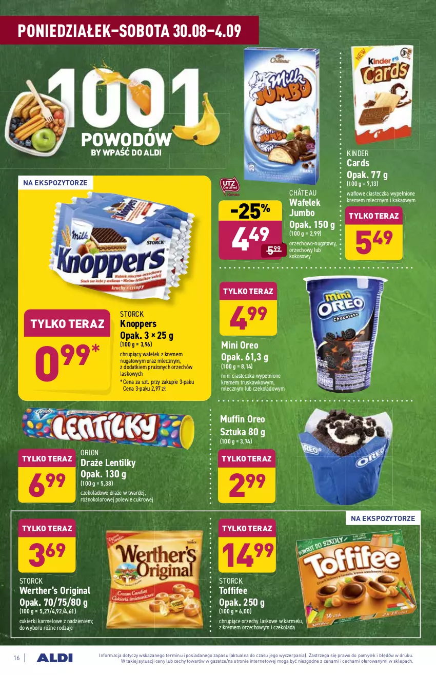 Gazetka promocyjna Aldi - ważna 30.08 do 04.09.2021 - strona 16 - produkty: Cukier, Cukierki, Gin, Kakao, Kinder, Knoppers, Kokos, Oreo, Tera, Toffifee, Wafelek