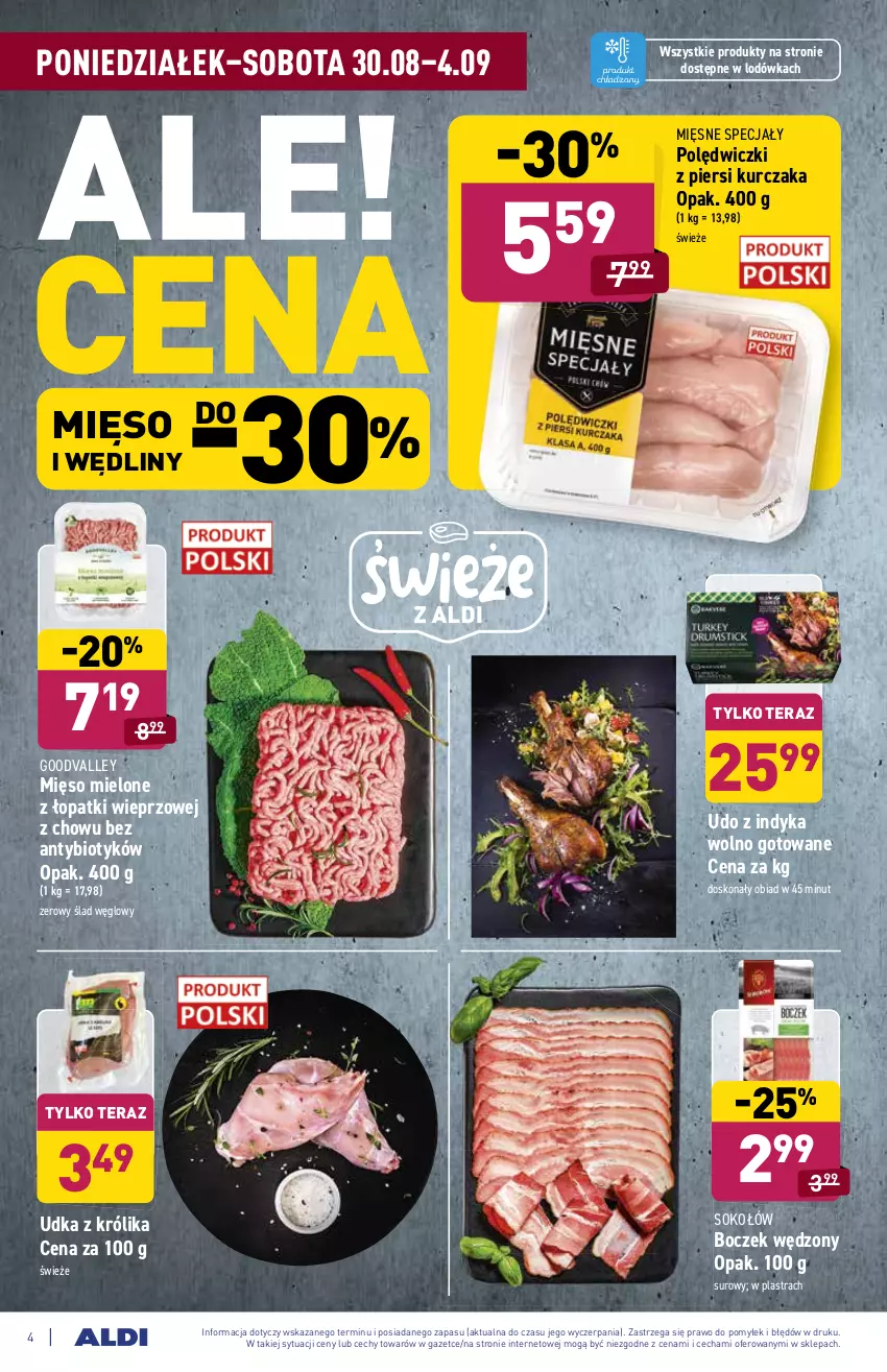 Gazetka promocyjna Aldi - ważna 30.08 do 04.09.2021 - strona 4 - produkty: Boczek, Królik, Kurczak, Lodówka, Mięsne specjały, Mięso, Mięso mielone, Mięso mielone z łopatki wieprzowej, Sok, Sokołów, Tera