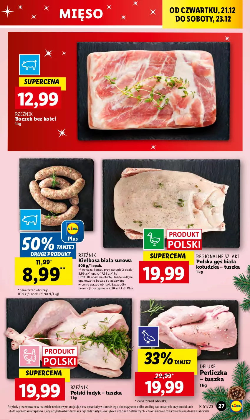 Gazetka promocyjna Lidl - GAZETKA - ważna 21.12 do 23.12.2023 - strona 27 - produkty: Boczek, Boczek bez kości, Kiełbasa, Kiełbasa biała, Mięso, Olej, Perliczka, Tusz