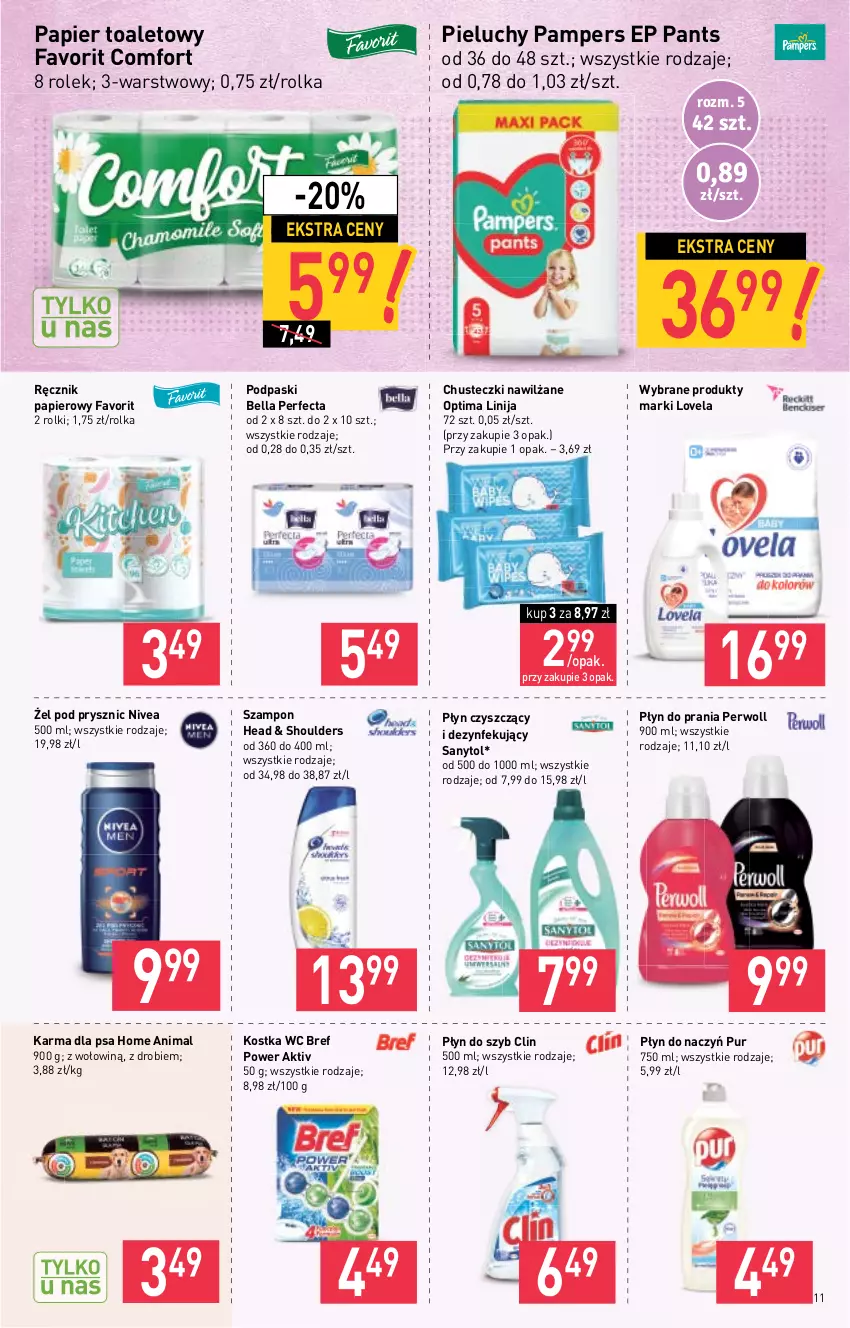 Gazetka promocyjna Stokrotka - Market - ważna 21.10 do 27.10.2021 - strona 11 - produkty: Bell, Bella, Bref, Chusteczki, Clin, Fa, Lovela, Nivea, Optima, Pampers, Papier, Papier toaletowy, Perfecta, Perwoll, Pieluchy, Płyn do prania, Płyn do szyb, Podpaski, Pur, Ręcznik, Rolki, Sanytol, Szampon