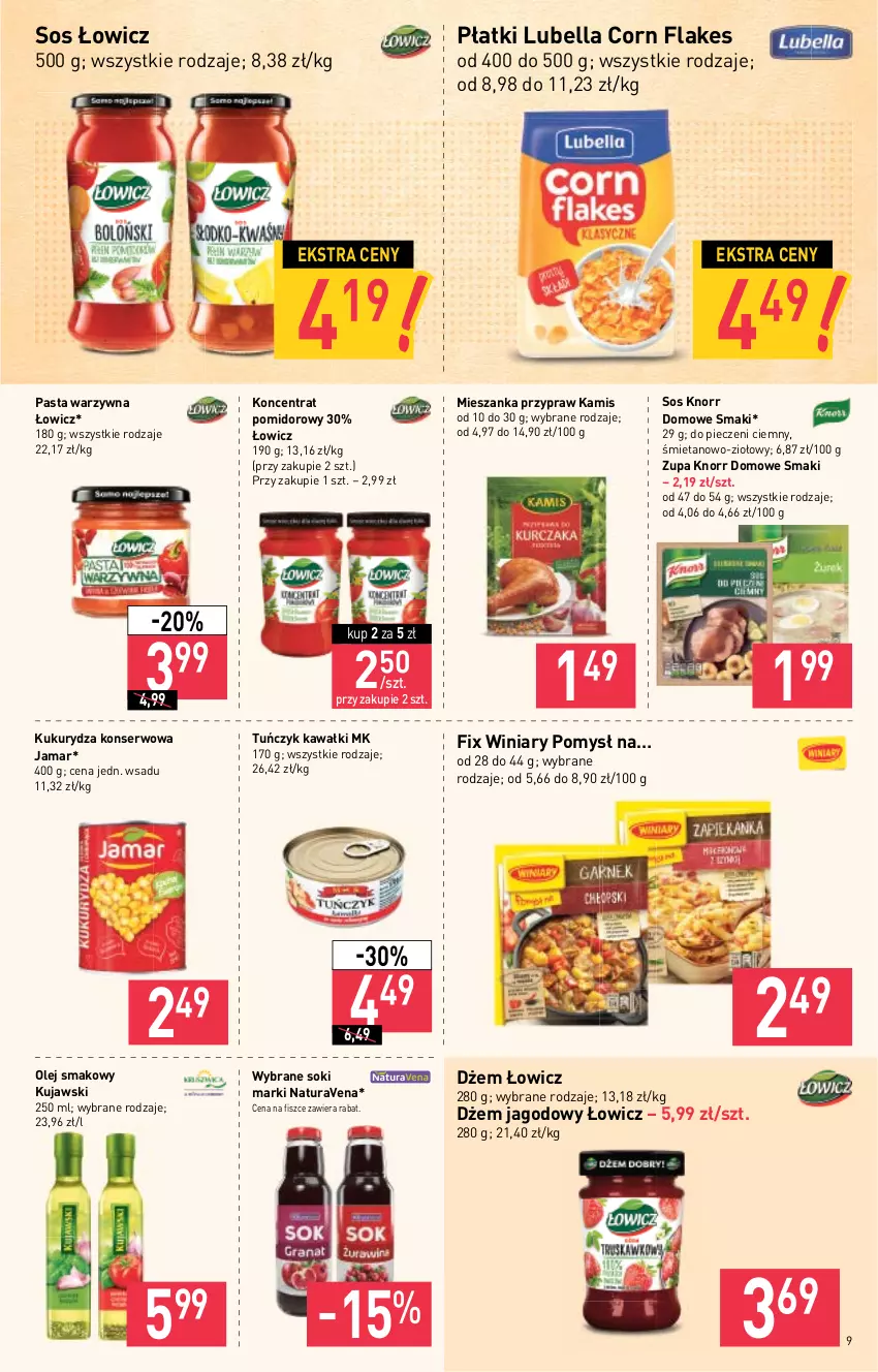 Gazetka promocyjna Stokrotka - Market - ważna 21.10 do 27.10.2021 - strona 9 - produkty: Bell, Bella, Corn flakes, Dżem, Kamis, Kawa, Knorr, Koncentrat pomidorowy, Kujawski, Kukurydza, Kukurydza konserwowa, Lubella, Olej, Olej smakowy, Pasta warzywna, Piec, Ser, Sok, Sos, Tuńczyk, Winiary, Zupa