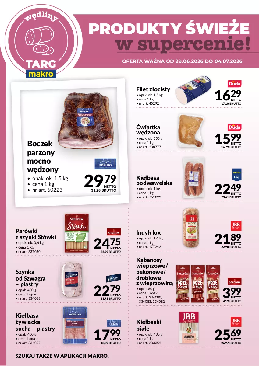 Gazetka promocyjna Makro - Targ MAKRO - oferta świeża w super cenach! - ważna 29.06 do 04.07.2026 - strona 3 - produkty: Beko, Boczek, Filet Złocisty, Gra, Indyk lux, Kabanos, Kiełbasa, Kiełbasa podwawelska, Kiełbaski białe, Parówki, Parówki z szynki, Szynka, Wawel