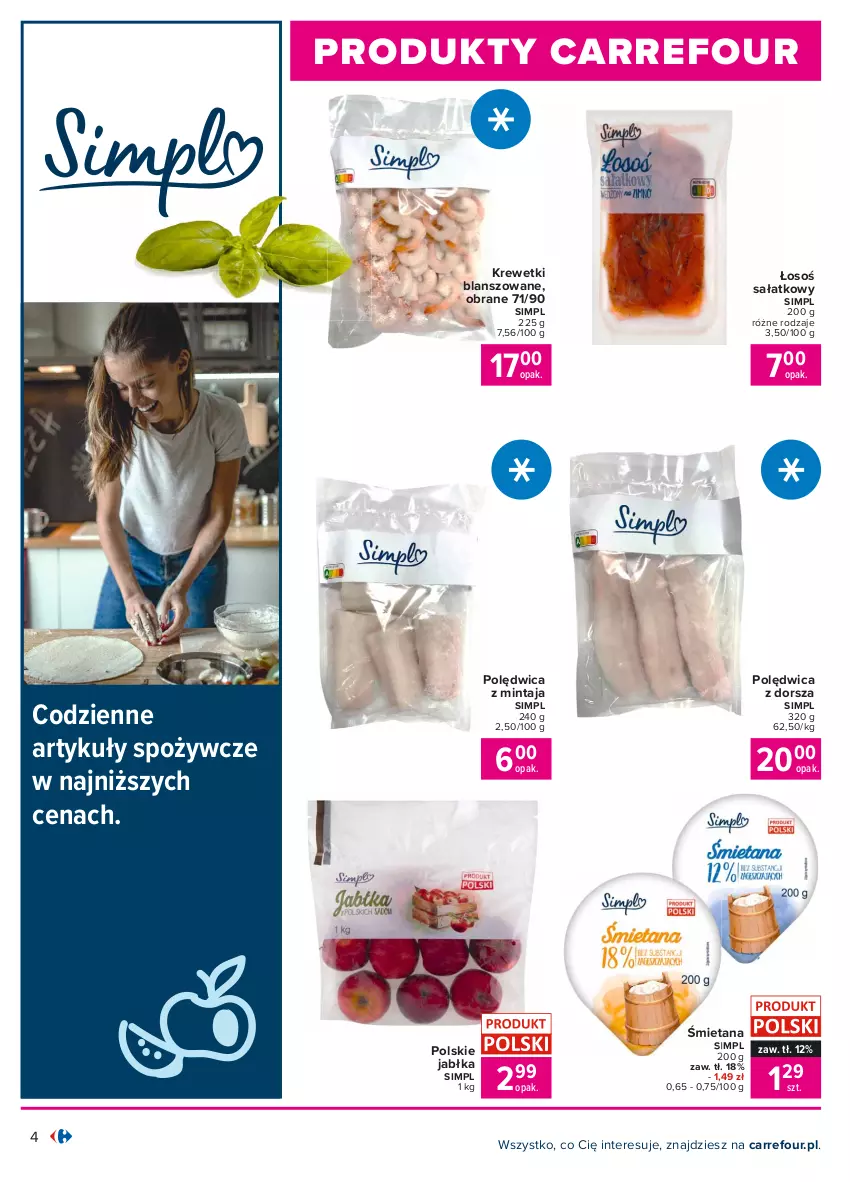 Gazetka promocyjna Carrefour - Gazetka Produkt Carrefour - ważna 05.07 do 17.07.2021 - strona 4 - produkty: Artykuły spożywcze, Dorsz, Jabłka, Krewetki, Mintaj, Polędwica, Sałat