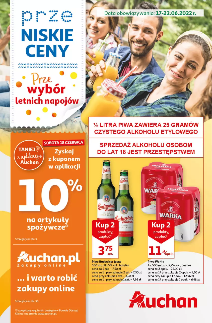 Gazetka promocyjna Auchan - przeNISKIE CENY PRZEwybór letnich napojów Hipermarkety - ważna 17.06 do 22.06.2022 - strona 1 - produkty: Piwo, Ser, Warka
