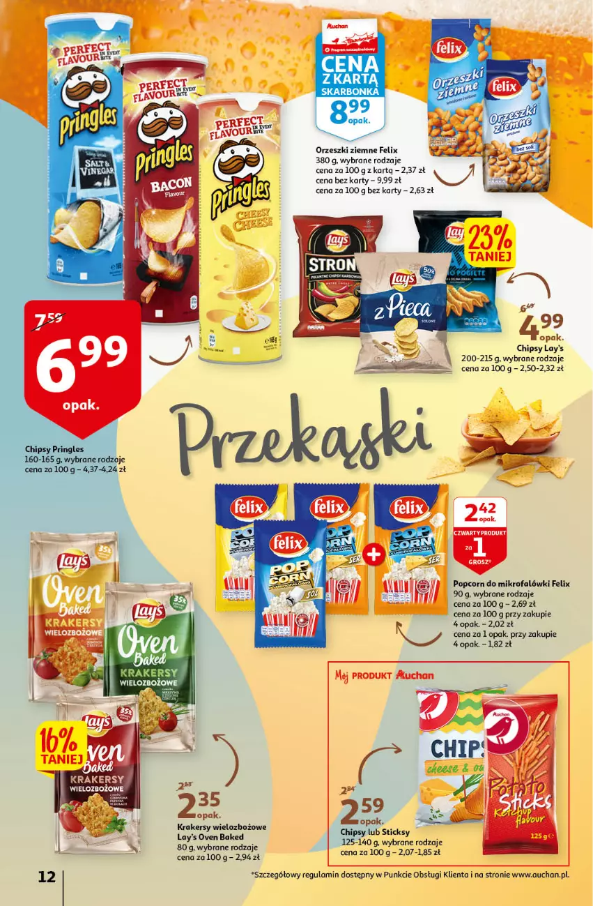 Gazetka promocyjna Auchan - przeNISKIE CENY PRZEwybór letnich napojów Hipermarkety - ważna 17.06 do 22.06.2022 - strona 12 - produkty: Chipsy, Fa, Felix, Krakersy, Orzeszki, Orzeszki ziemne, Popcorn