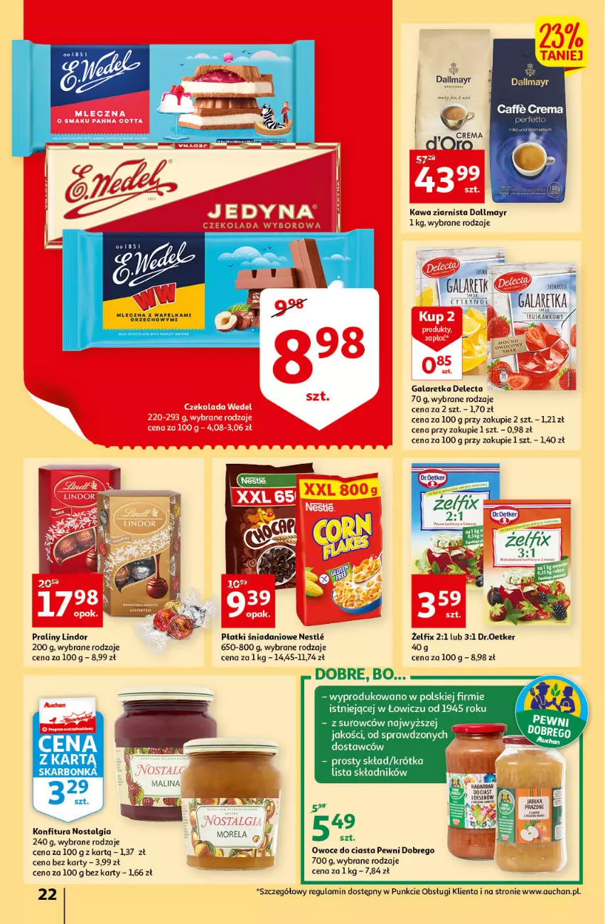 Gazetka promocyjna Auchan - przeNISKIE CENY PRZEwybór letnich napojów Hipermarkety - ważna 17.06 do 22.06.2022 - strona 22 - produkty: Dallmayr, Danio, Delecta, Gala, Galaretka, Kawa, Kawa ziarnista, Konfitura, LG, Lindor, Owoce, Praliny