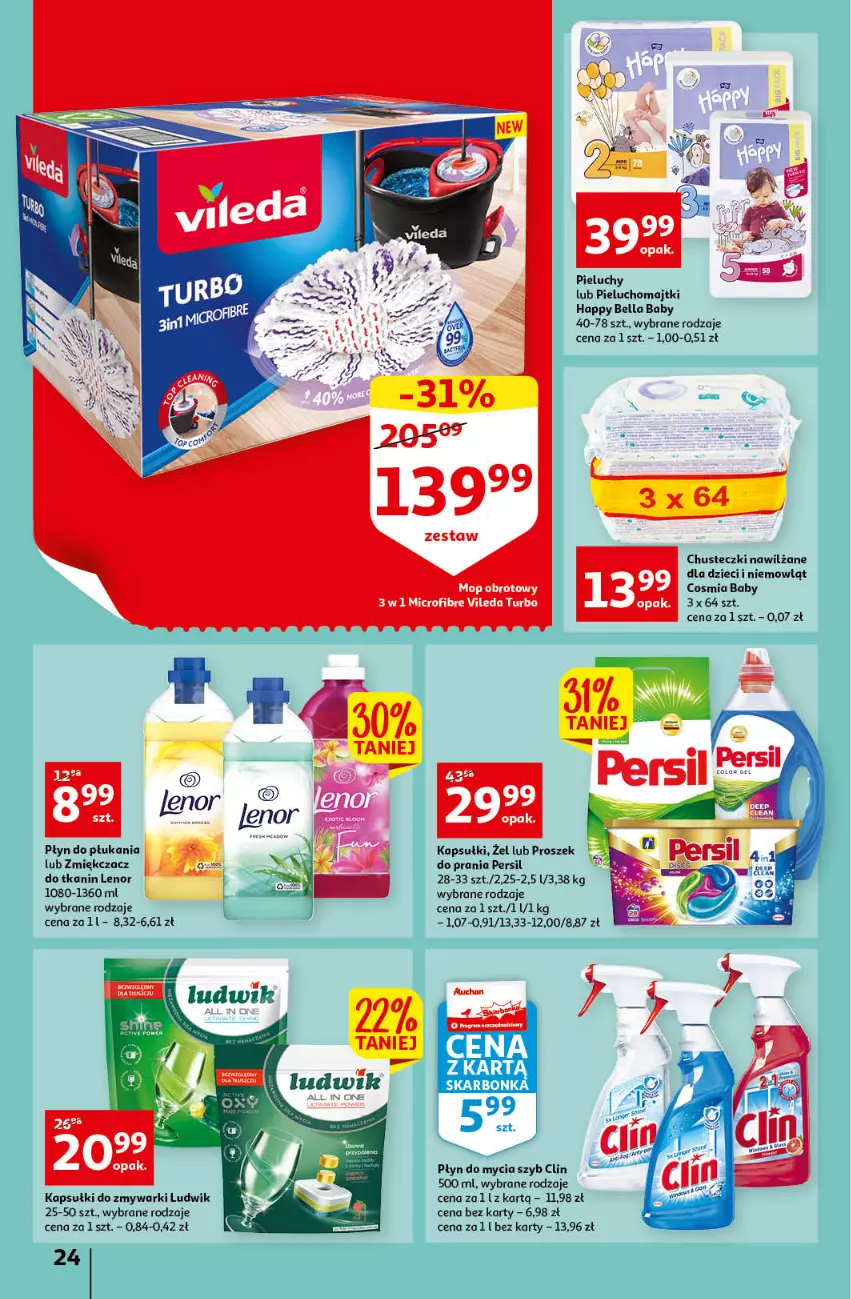 Gazetka promocyjna Auchan - przeNISKIE CENY PRZEwybór letnich napojów Hipermarkety - ważna 17.06 do 22.06.2022 - strona 24 - produkty: Bell, Bella, Chusteczki, Clin, Dzieci, Lenor, Ludwik, Majtki, Persil, Pieluchomajtki, Pieluchy, Płyn do mycia, Płyn do płukania, Proszek do prania, Vileda, Zmywarki