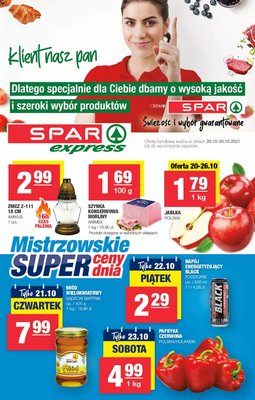 Gazetka promocyjna Spar - ważna 17.10 do 27.10.2021 - strona 1 - produkty: Jabłka, Lack, Morliny, Papryka, Ser, Szynka, Szynka konserwowa, Znicz