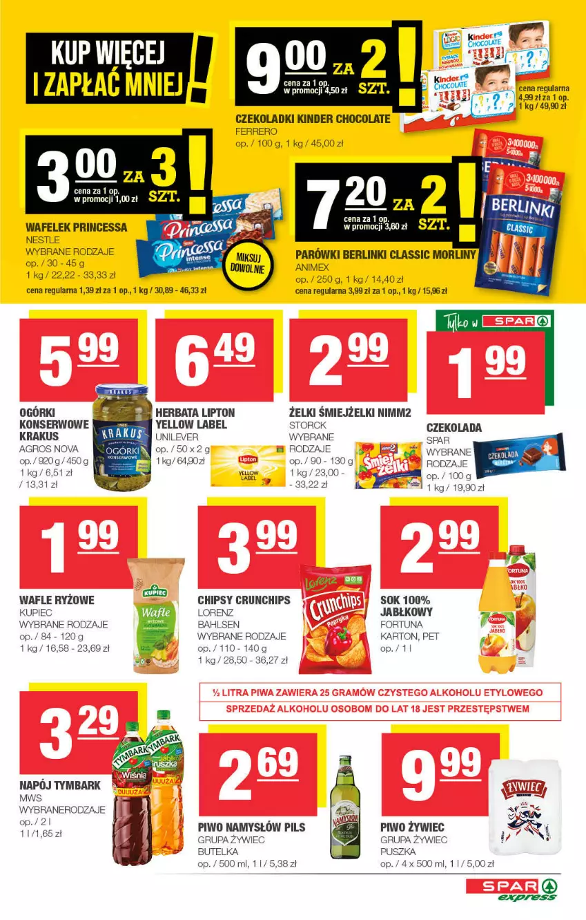 Gazetka promocyjna Spar - ważna 17.10 do 27.10.2021 - strona 3 - produkty: Berlinki, Chipsy, Czekolada, Ferrero, Fortuna, Herbata, Kinder, Krakus, Kupiec, Lipton, Lorenz, Morliny, Namysłów, Napój, Nimm2, Parówki, Piec, Piwo, Princessa, Ryż, Ser, Sok, Tymbark, Wafelek, Wafle