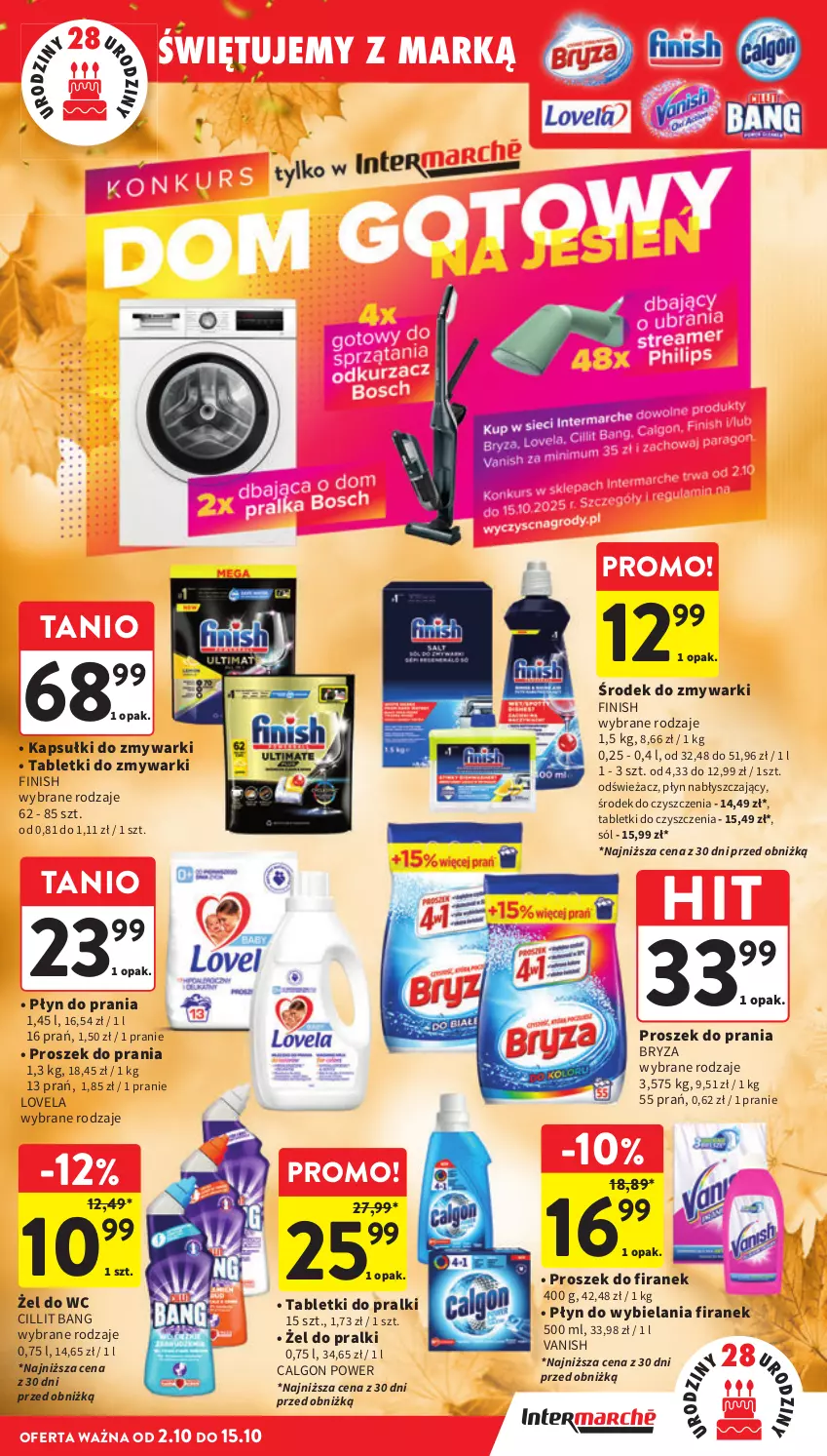 Gazetka promocyjna Intermarche - Gazetka promocyjna - ważna 02.10 do 08.10.2025 - strona 13 - produkty: Bryza, Calgon, Cillit Bang, Finish, LG, Lovela, Płyn do prania, Płyn nabłyszczający, Pralki, Proszek do prania, Sól, Tablet, Tabletki do zmywarki, Vanish, Zmywarki