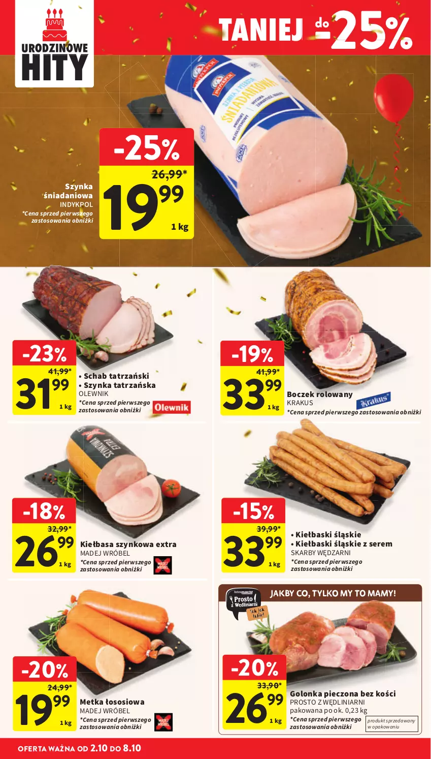 Gazetka promocyjna Intermarche - Gazetka promocyjna - ważna 02.10 do 08.10.2025 - strona 24 - produkty: Boczek, Danio, Golonka pieczona, Kiełbasa, Kiełbasa szynkowa, Kiełbaski śląskie, Krakus, Madej Wróbel, Olewnik, Piec, Ser, Sos, Szynka