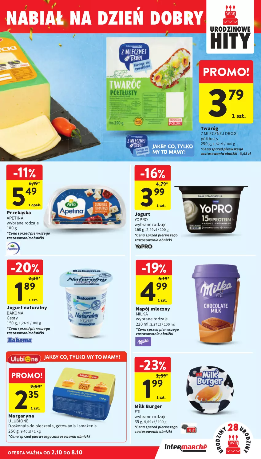 Gazetka promocyjna Intermarche - Gazetka promocyjna - ważna 02.10 do 08.10.2025 - strona 29 - produkty: Bakoma, Burger, Jogurt, Jogurt naturalny, Margaryna, Milka, Napój, Napój mleczny, Piec, Twaróg