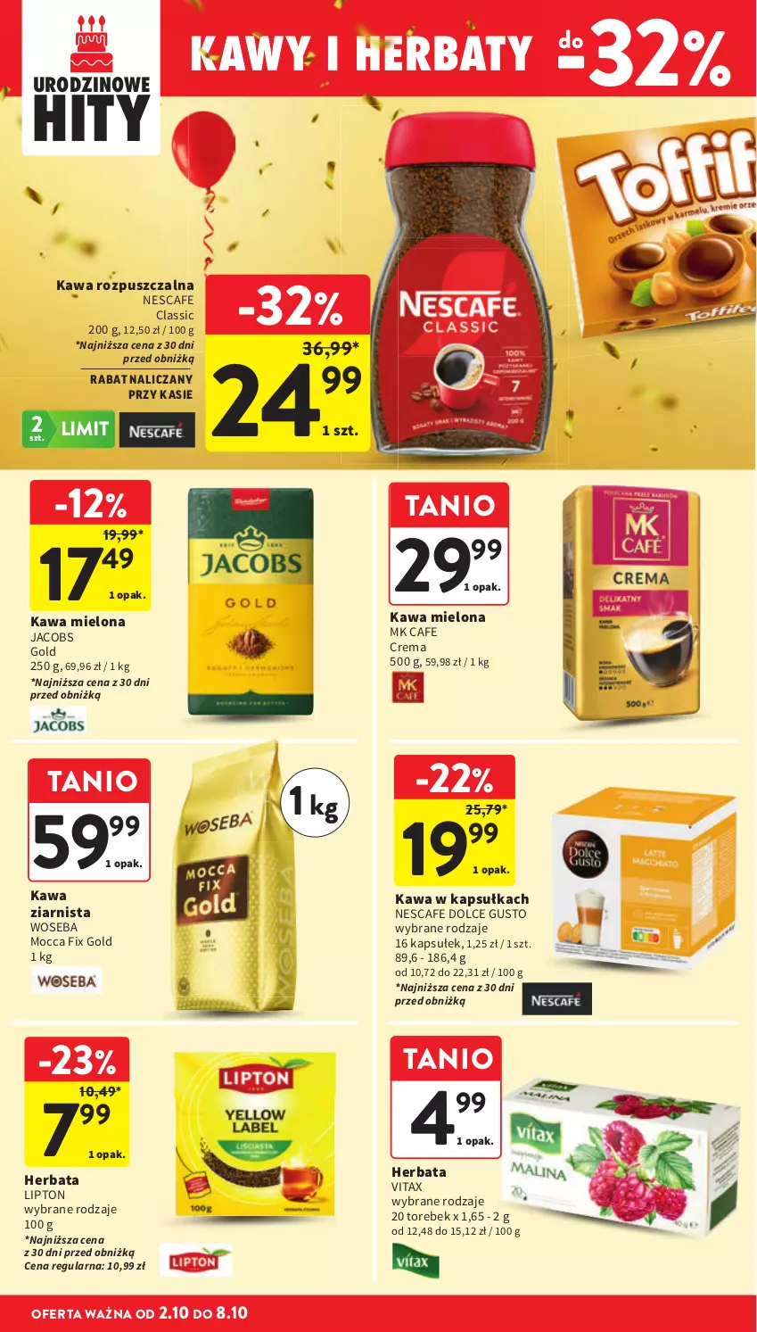 Gazetka promocyjna Intermarche - Gazetka promocyjna - ważna 02.10 do 08.10.2025 - strona 30 - produkty: Dolce Gusto, Herbata, Jacobs, Kawa, Kawa mielona, Kawa rozpuszczalna, Kawa ziarnista, Lipton, Mocca Fix Gold, Vitax, Woseba