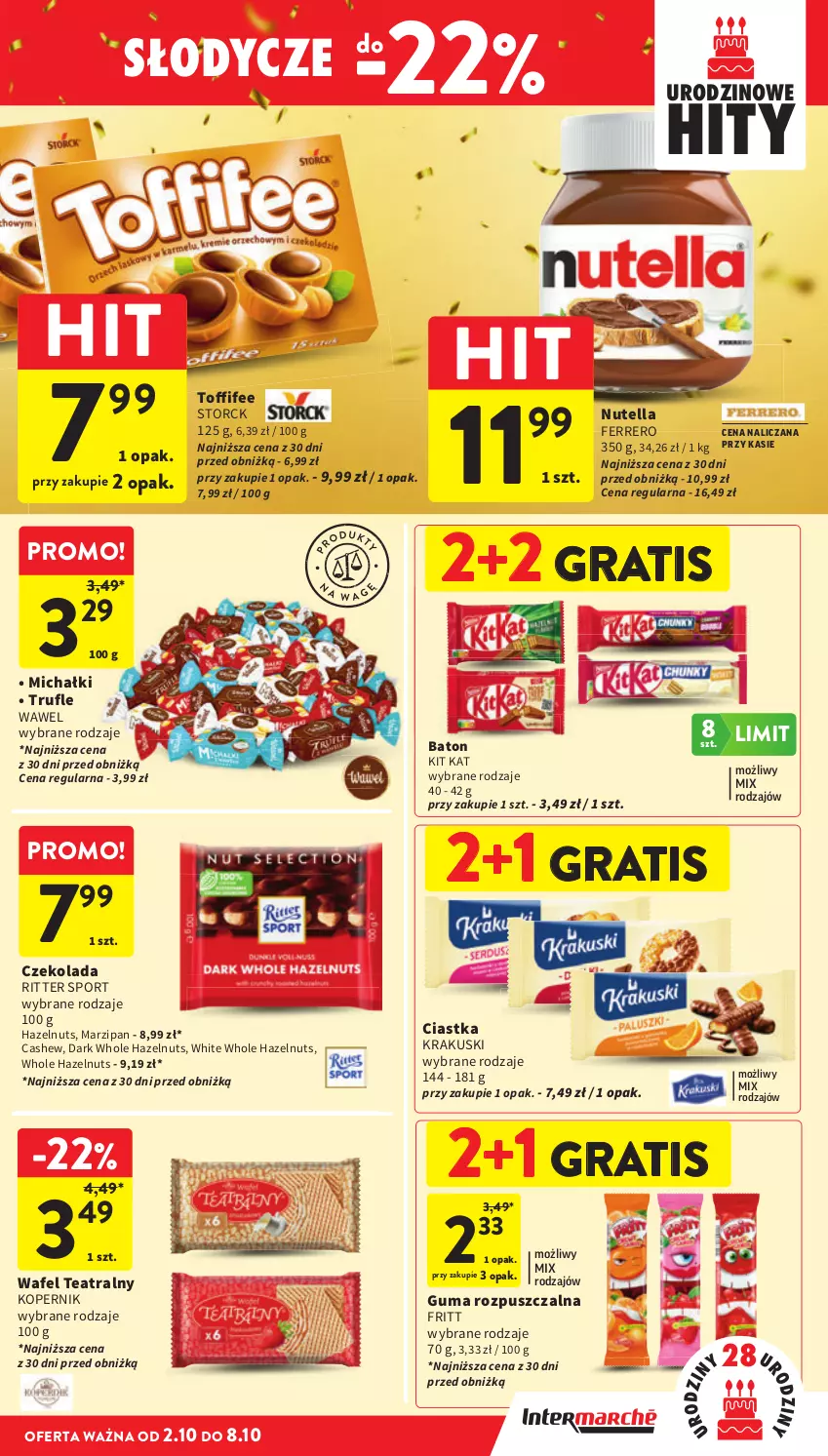 Gazetka promocyjna Intermarche - Gazetka promocyjna - ważna 02.10 do 08.10.2025 - strona 31 - produkty: Baton, Ciastka, Czekolada, Ferrero, Gra, Guma rozpuszczalna, Kit Kat, Krakus, Krakuski, Michałki, Nutella, Por, Ritter Sport, Sport, Wawel