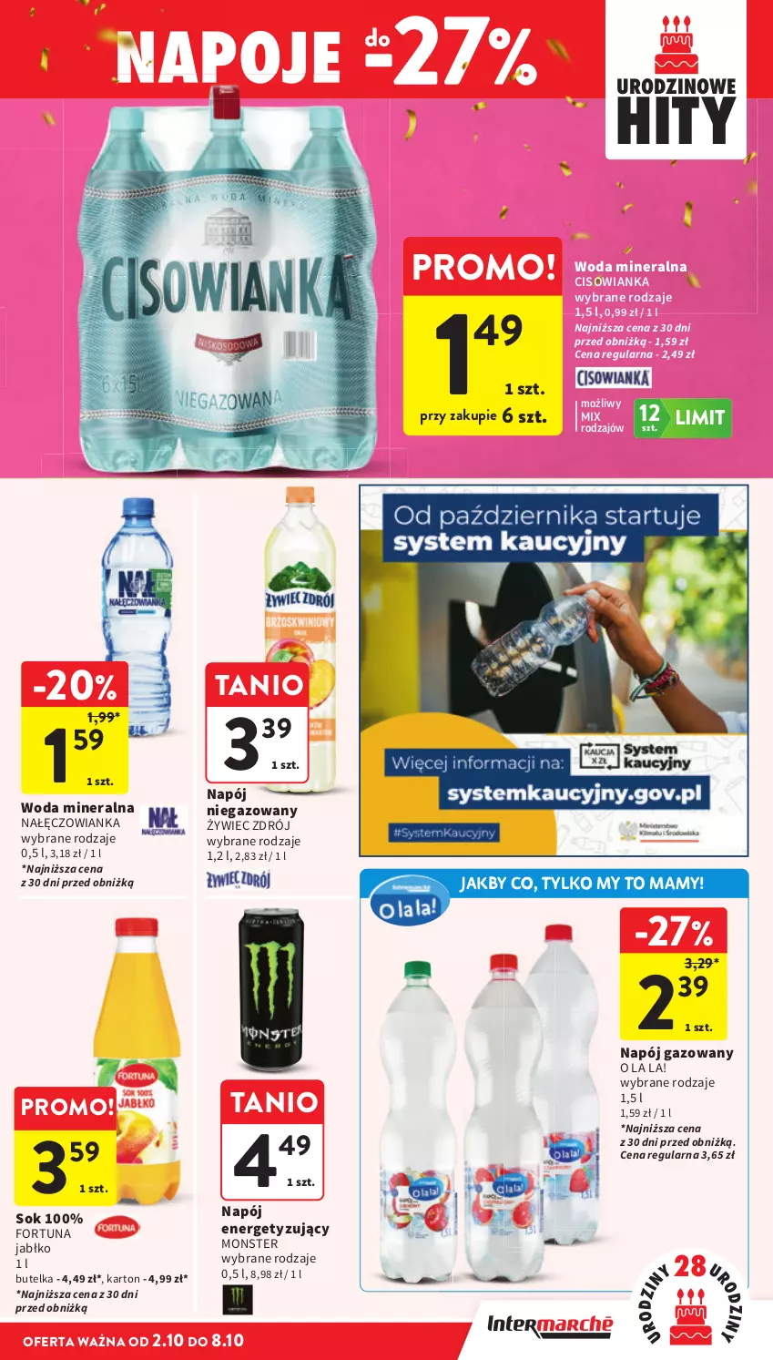 Gazetka promocyjna Intermarche - Gazetka promocyjna - ważna 02.10 do 08.10.2025 - strona 39 - produkty: Cisowianka, Fortuna, Nałęczowianka, Napój, Napój gazowany, Napój niegazowany, Napoje, Sok, Woda, Woda mineralna