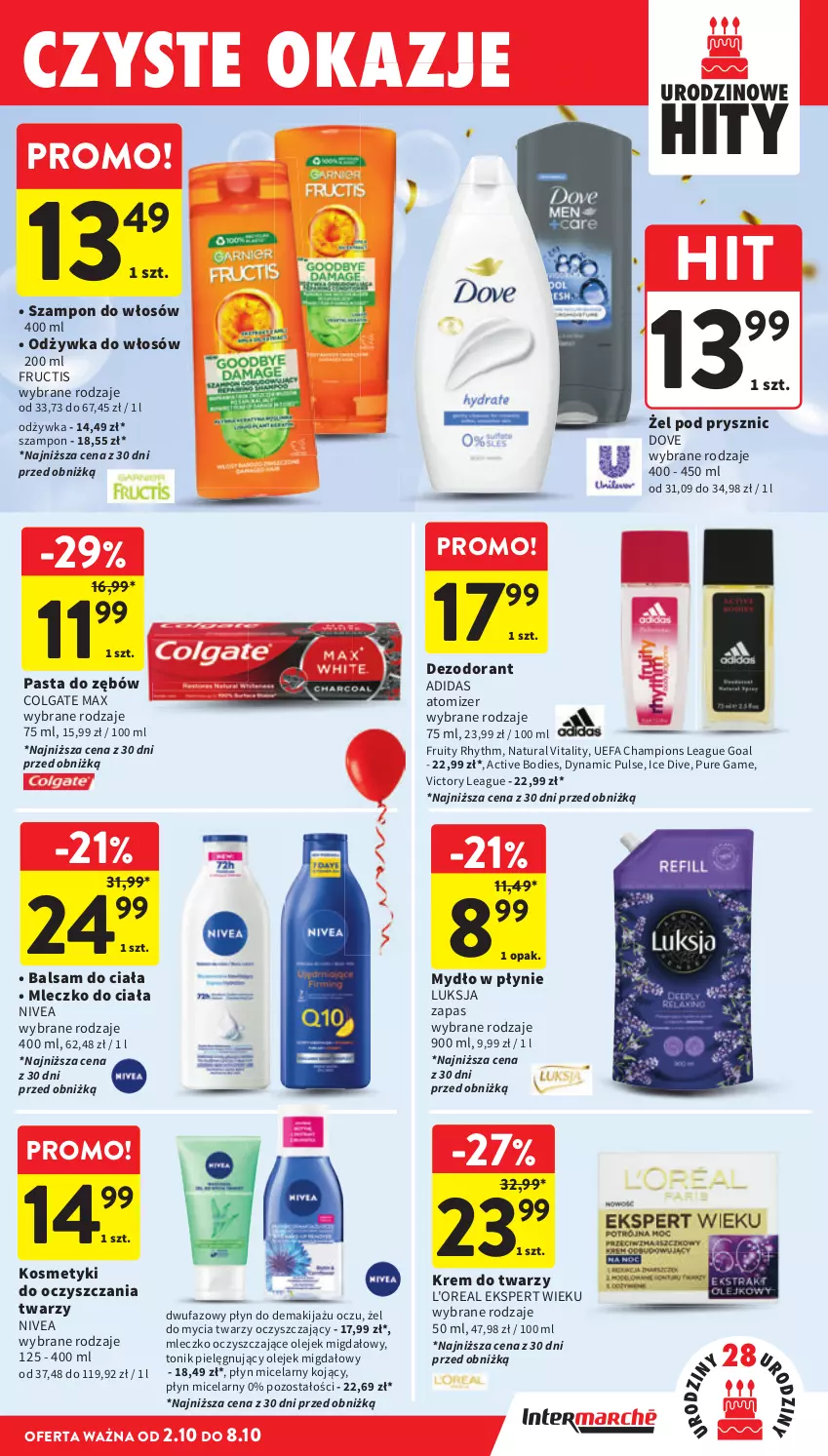 Gazetka promocyjna Intermarche - Gazetka promocyjna - ważna 02.10 do 08.10.2025 - strona 43 - produkty: Adidas, Balsam do ciała, Colgate, Dezodorant, Dove, Fa, Fructis, Goal, Krem do twarzy, LG, Luksja, Makijaż, Mleczko, Mleczko do ciała, Mydło, Mydło w płynie, Nivea, Odżywka, Olej, Pasta do zębów, Płyn micelarny, Pur, Szampon, Tonik