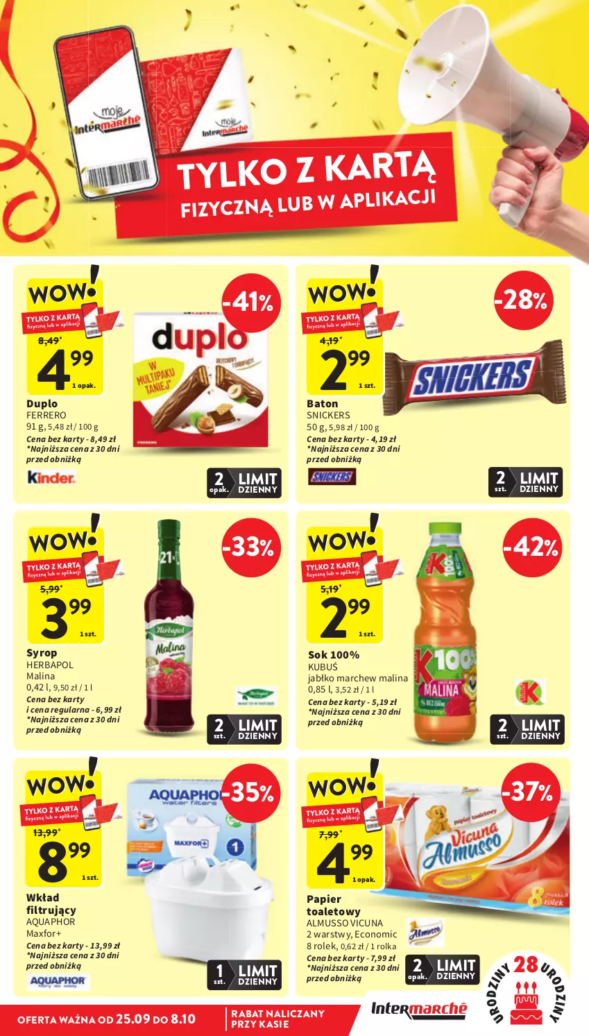 Gazetka promocyjna Intermarche - Gazetka promocyjna - ważna 02.10 do 08.10.2025 - strona 9 - produkty: Aquaphor, Baton, Ferrero, Herbapol, Kubuś, Mus, Papier, Papier toaletowy, Snickers, Sok, Syrop, Wkład filtrujący