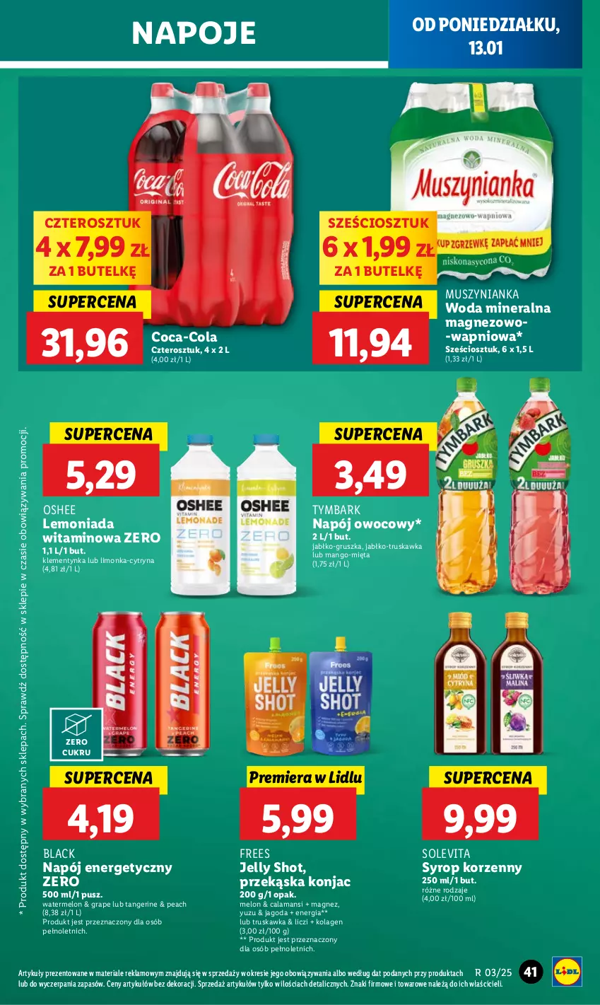 Gazetka promocyjna Lidl - GAZETKA - ważna 13.01 do 15.01.2025 - strona 47 - produkty: Coca-Cola, Gra, Kolagen, Lack, Lemoniada, Liczi, Limonka, Magnez, Mango, Melon, Mięta, Mus, Muszynianka, Napój, Napój energetyczny, Napoje, Oshee, Syrop, Tymbark, Woda, Woda mineralna