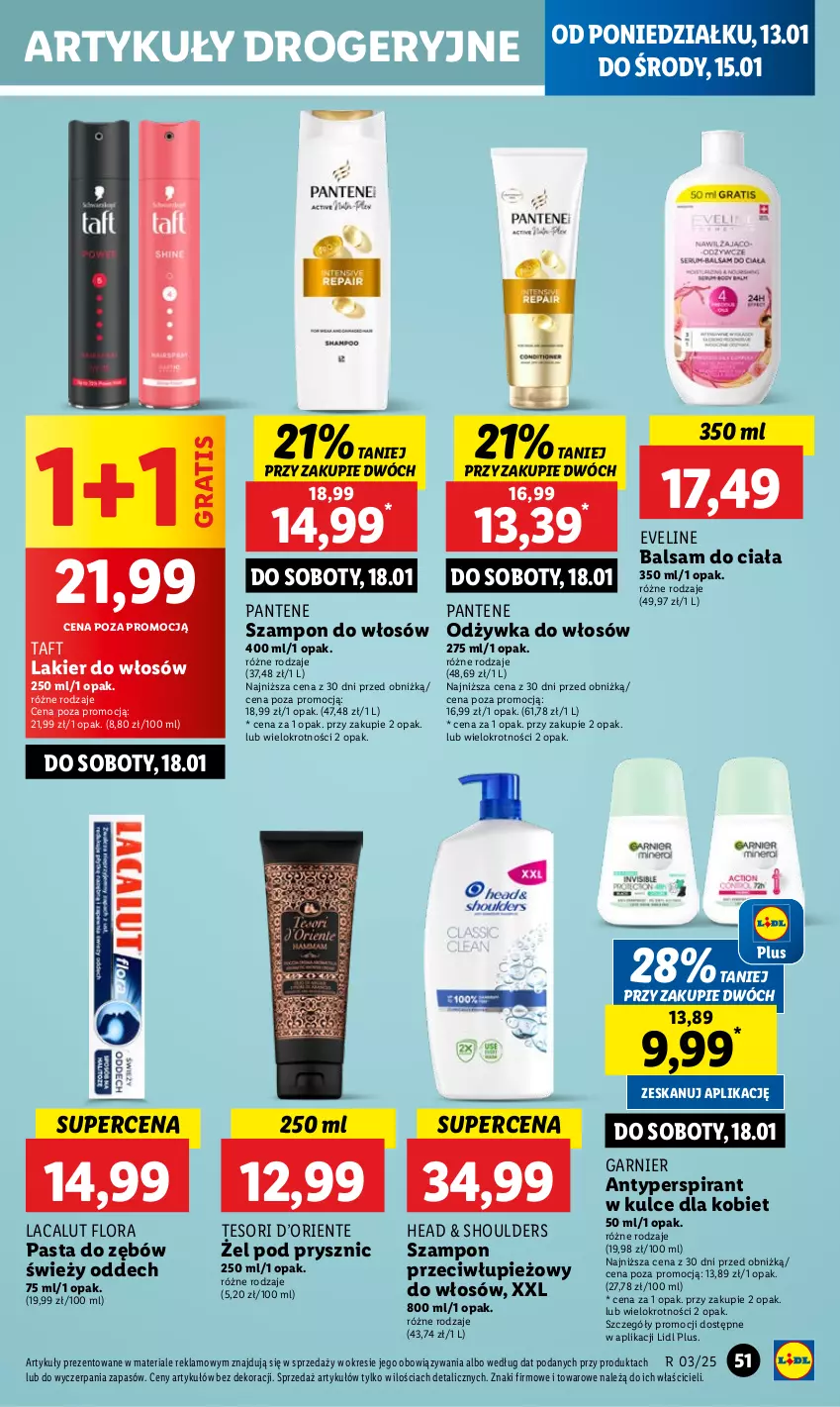 Gazetka promocyjna Lidl - GAZETKA - ważna 13.01 do 15.01.2025 - strona 57 - produkty: Antyperspirant, Balsam do ciała, Eveline, Flora, Garnier, Gra, Lacalut, Lakier, Lakier do włosów, Odżywka, Pantene, Pasta do zębów, Szampon, Taft