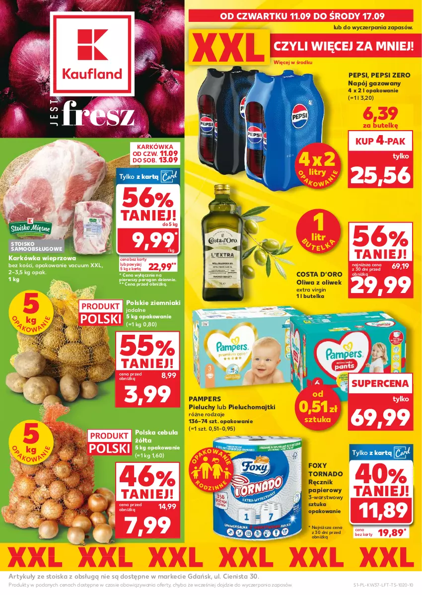 Gazetka promocyjna Kaufland - Gazetka tygodnia - ważna 11.09 do 17.09.2025 - strona 1 - produkty: Cebula, Foxy, Gin, Karkówka wieprzowa, Majtki, Napój, Napój gazowany, Oliwa, Oliwa z oliwek, Pampers, Papier, Pepsi, Pieluchomajtki, Pieluchy, Ręcznik, Ziemniaki