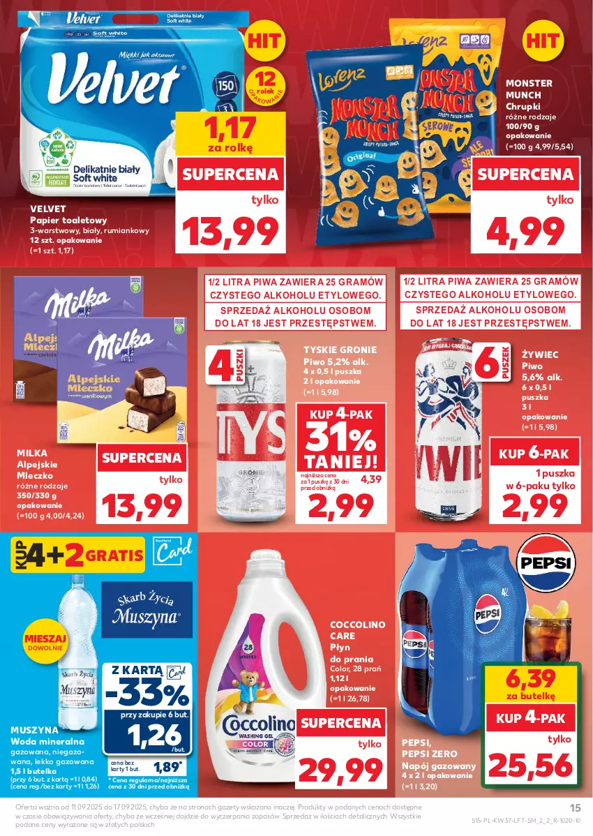 Gazetka promocyjna Kaufland - Gazetka tygodnia - ważna 11.09 do 17.09.2025 - strona 15 - produkty: Chrupki, Coccolino, Gra, Milka, Mleczko, Monster Munch, Mus, Napój, Napój gazowany, Papier, Papier toaletowy, Pepsi, Piwa, Piwo, Płyn do prania, Rum, Szyna, Tyskie, Velvet, Woda, Woda mineralna