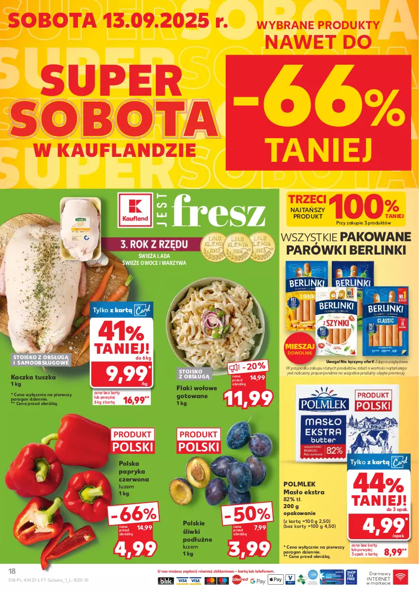 Gazetka promocyjna Kaufland - Gazetka tygodnia - ważna 11.09 do 17.09.2025 - strona 18 - produkty: Berlinki, Flaki, Flaki wołowe, Kaczka, Masło, Owoce, Papryka, Papryka czerwona, Parówki, POLMLEK, Por, Tusz, Waga, Warzywa