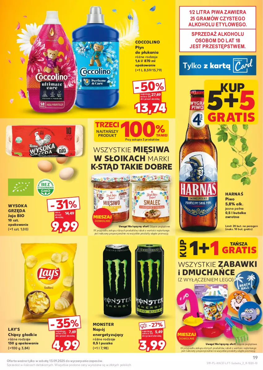 Gazetka promocyjna Kaufland - Gazetka tygodnia - ważna 11.09 do 17.09.2025 - strona 19 - produkty: Chipsy, Coccolino, Gra, Harnaś, Jaja, Lay’s, LEGO, Napój, Piwa, Piwo, Płyn do płukania, Por, Sok, Waga
