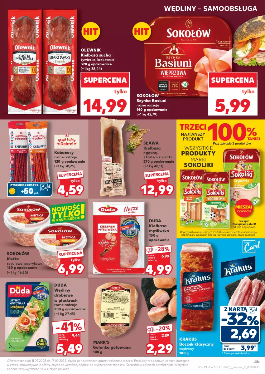Gazetka promocyjna Kaufland - Gazetka tygodnia - ważna 11.09 do 17.09.2025 - strona 35 - produkty: Boczek, Duda, Kabanos, Kiełbasa, Krakus, Olewnik, Por, Sok, Sokołów, Szynka, Waga