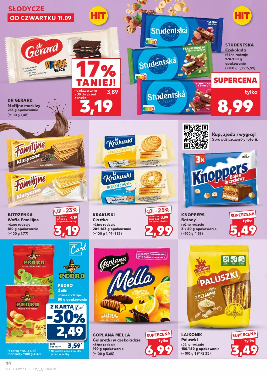 Gazetka promocyjna Kaufland - Gazetka tygodnia - ważna 11.09 do 17.09.2025 - strona 44 - produkty: Baton, Ciastka, Czekolada, Dr Gerard, Fa, Gala, Galaretki, Goplana, Gra, Jutrzenka, Knoppers, Krakus, Krakuski, Lajkonik, LANA, Wafle