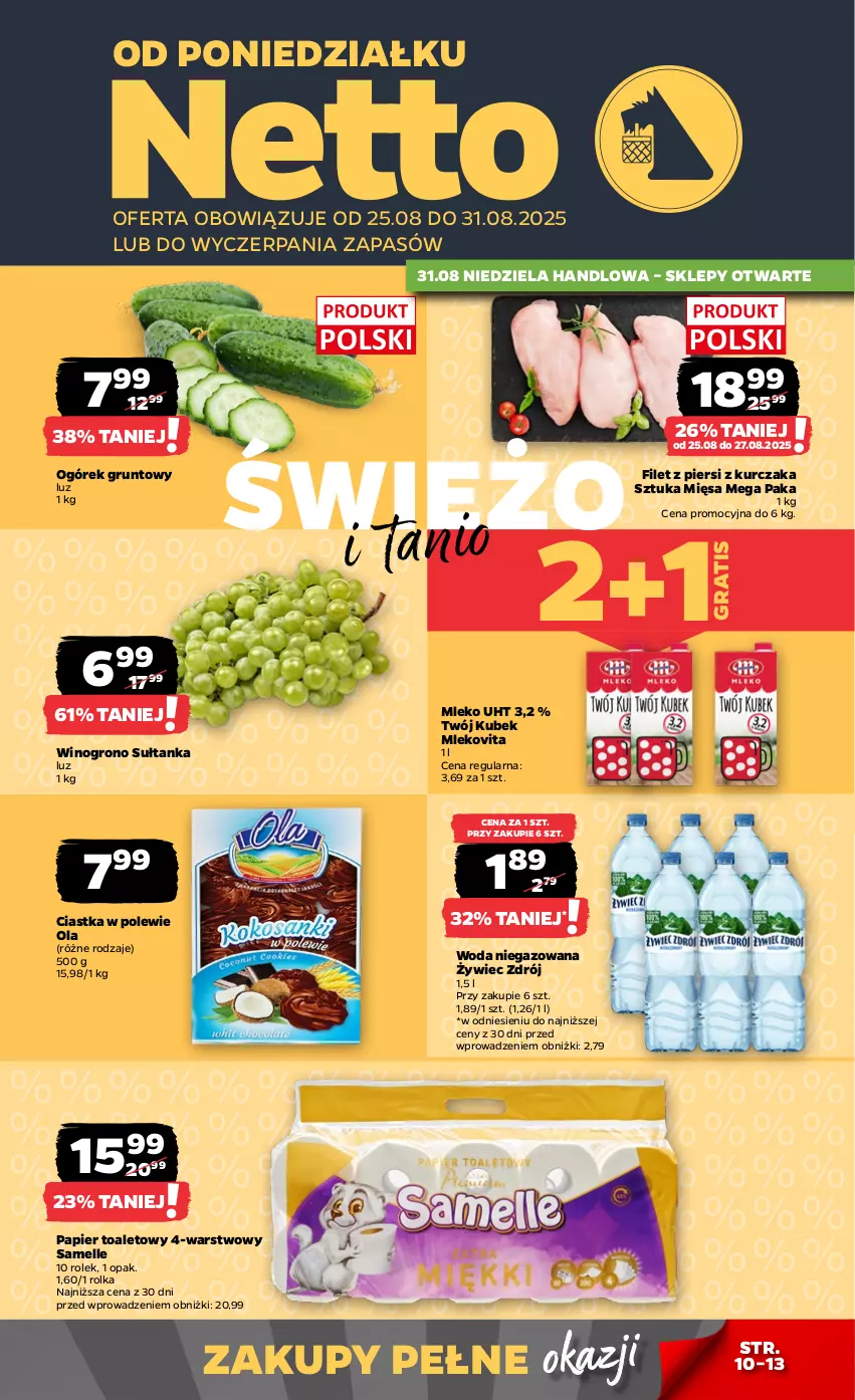 Gazetka promocyjna Netto - Od Poniedziałku - ważna 25.08 do 31.08.2025 - strona 1 - produkty: Ciastka, Gra, Grunt, Kubek, Kurczak, Mleko, Mlekovita, Ogórek, Papier, Papier toaletowy, Wino, Woda, Woda niegazowana