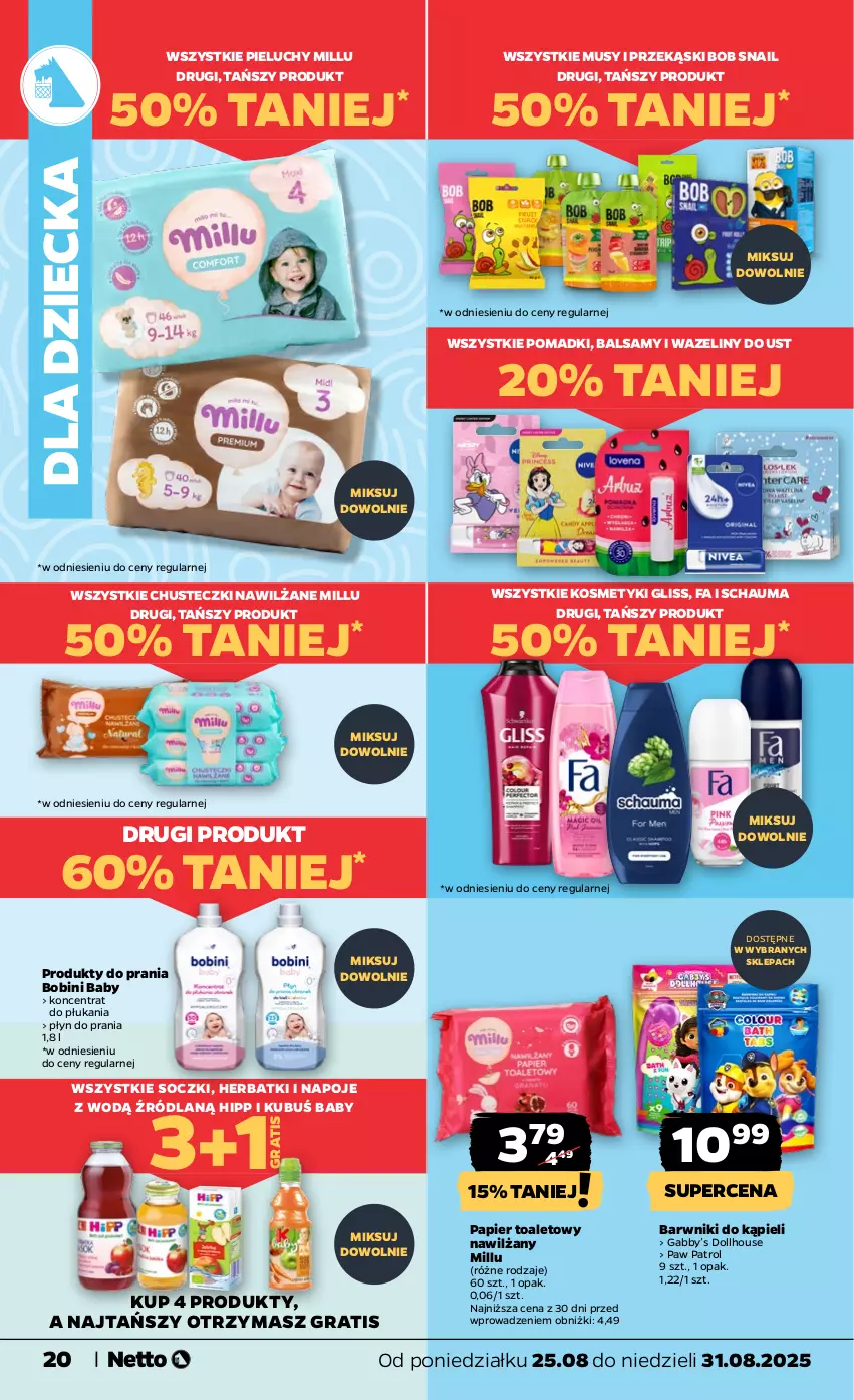 Gazetka promocyjna Netto - Od Poniedziałku - ważna 25.08 do 31.08.2025 - strona 20 - produkty: Chusteczki, Fa, Gra, HiPP, Kubuś, Mus, Napoje, Papier, Papier toaletowy, Pieluchy, Płyn do prania, Schauma