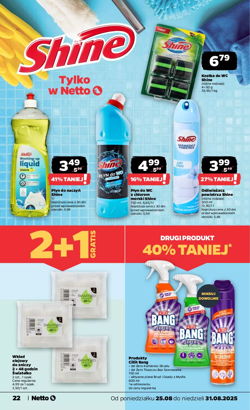 Gazetka promocyjna Netto - Od Poniedziałku - ważna 25.08 do 31.08.2025 - strona 22 - produkty: Cillit Bang, Gra, Kostka do wc, Odświeżacz powietrza, Olej, Płyn do wc, Wkład olejowy, Znicz