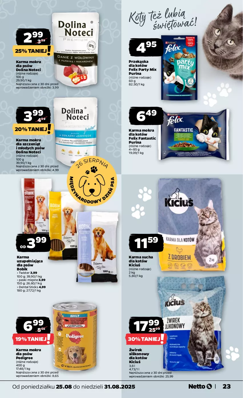 Gazetka promocyjna Netto - Od Poniedziałku - ważna 25.08 do 31.08.2025 - strona 23 - produkty: Fa, Fanta, Felix, Karma mokra dla kotów, Pedigree, Przekąska dla kotów, Pur, Purina