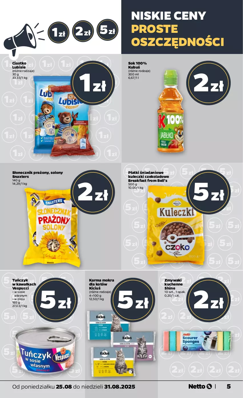 Gazetka promocyjna Netto - Od Poniedziałku - ważna 25.08 do 31.08.2025 - strona 5 - produkty: Bell, Danio, Fa, Kawa, Kubuś, Lubisie, Olej, Słonecznik prażony, Sok, Sos, Tuńczyk, Zmywaki kuchenne