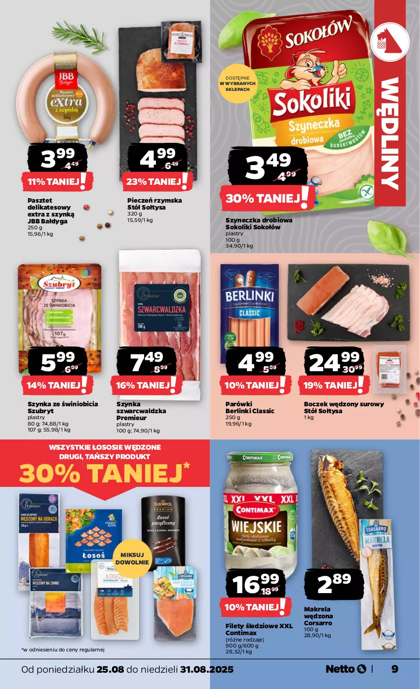 Gazetka promocyjna Netto - Od Poniedziałku - ważna 25.08 do 31.08.2025 - strona 9 - produkty: Berlinki, BIC, Boczek, Parówki, Pasztet, Piec, Pieczeń rzymska, Sok, Sokołów, Sos, Stół, Szubryt, Szynka