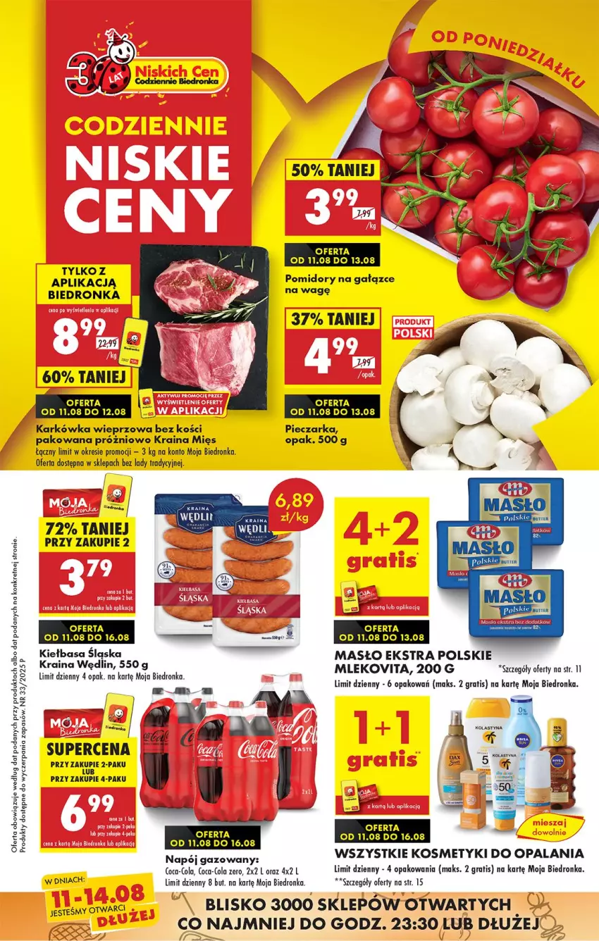 Gazetka promocyjna Biedronka - Od Poniedziałku - ważna 11.08 do 16.08.2025 - strona 1 - produkty: Coca-Cola, Gra, Karkówka wieprzowa, Kiełbasa, Kiełbasa śląska, Kret, Masło, Mleko, Mlekovita, Napój, Napój gazowany, Piec, Pieczarka, Pomidory