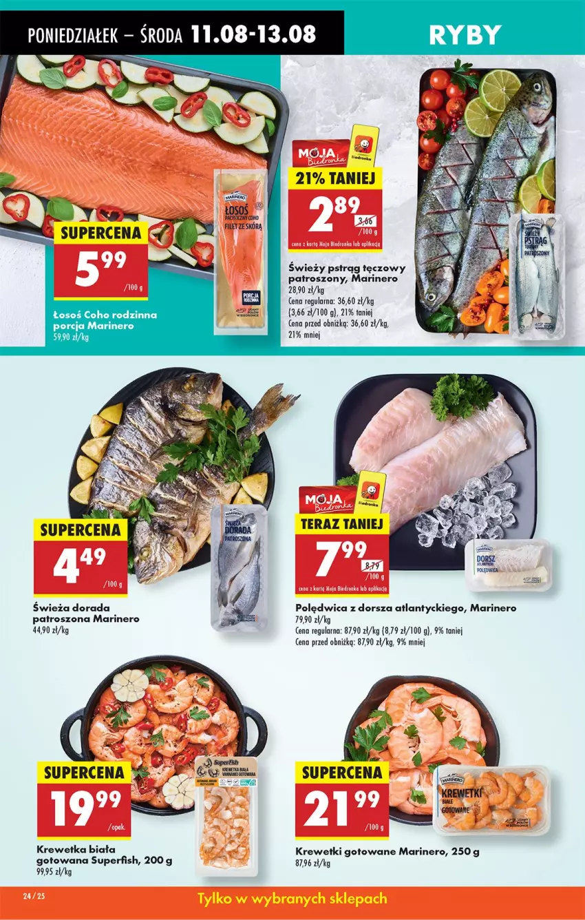 Gazetka promocyjna Biedronka - Od Poniedziałku - ważna 11.08 do 16.08.2025 - strona 30 - produkty: Dorsz, Krewetki, Mola, Polędwica, Por, Pstrąg, Pstrąg tęczowy