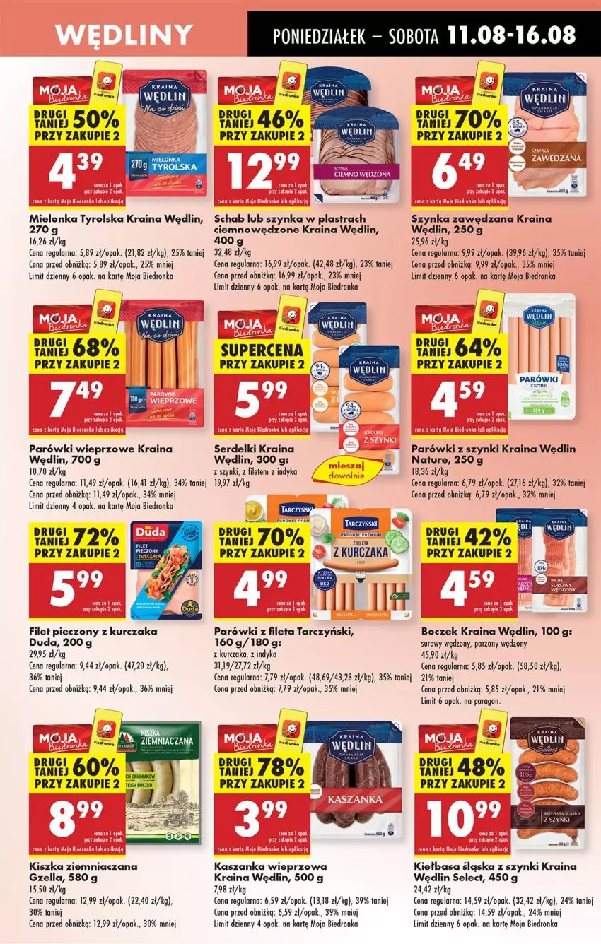Gazetka promocyjna Biedronka - Od Poniedziałku - ważna 11.08 do 16.08.2025 - strona 35 - produkty: Boczek, Duda, Fa, Kasza, Kaszanka, Kiełbasa, Kurczak, LG, Mielonka tyrolska, Parówki, Parówki z szynki, Piec, Ser, Serdelki, Szynka, Tarczyński