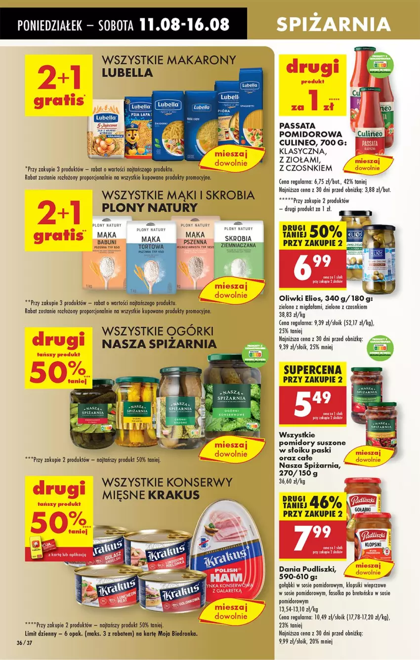 Gazetka promocyjna Biedronka - Od Poniedziałku - ważna 11.08 do 16.08.2025 - strona 42 - produkty: Babuni, Bell, Bella, Fa, Klopsiki, Krakus, Lodowiec, Lubella, Mąka, Makaron, Oliwki, Pomidory, Por, Pudliszki, Ser, Sos